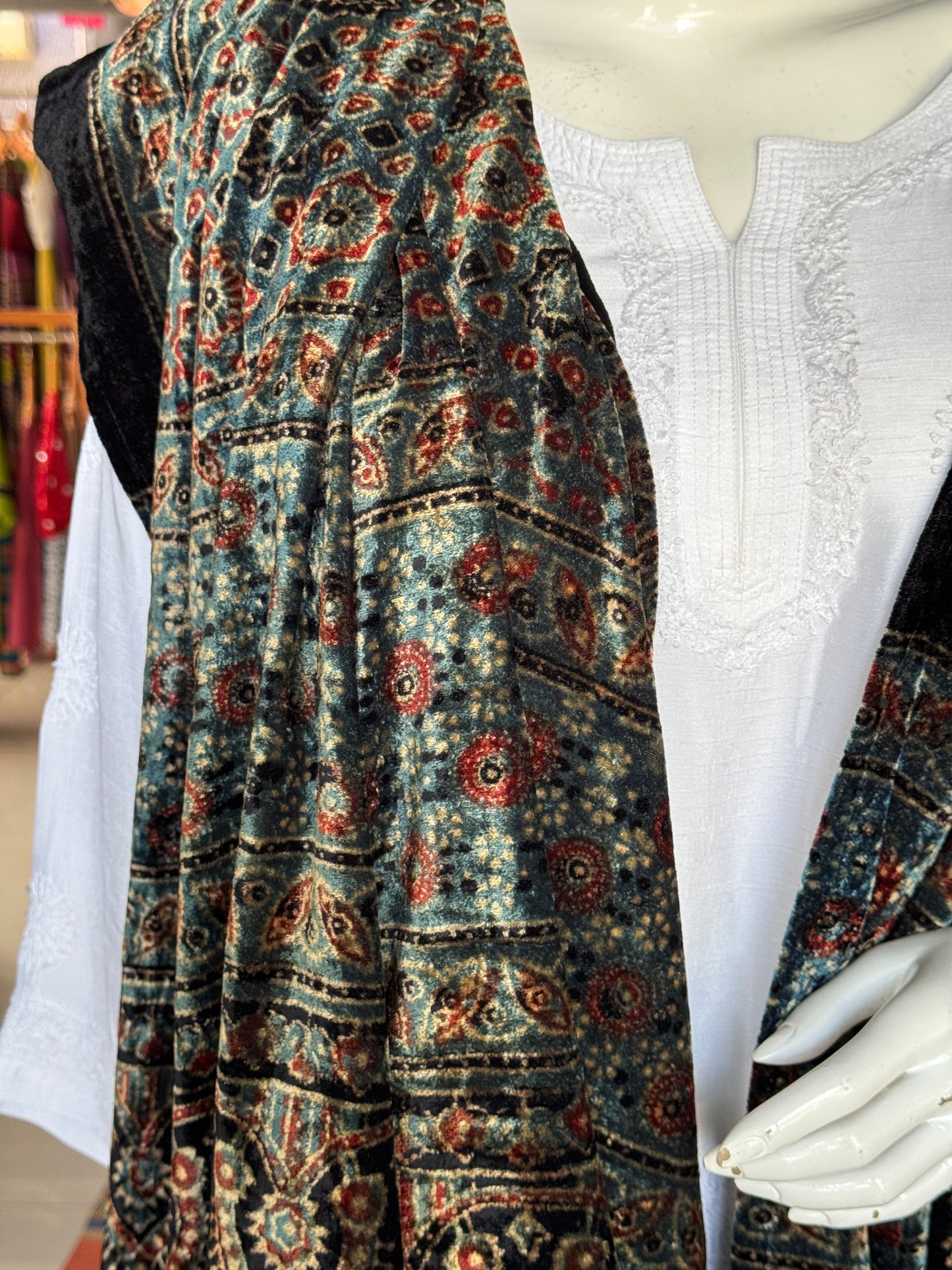Indigo blue luxurious velvet dupatta with hand block Ajrakh prints