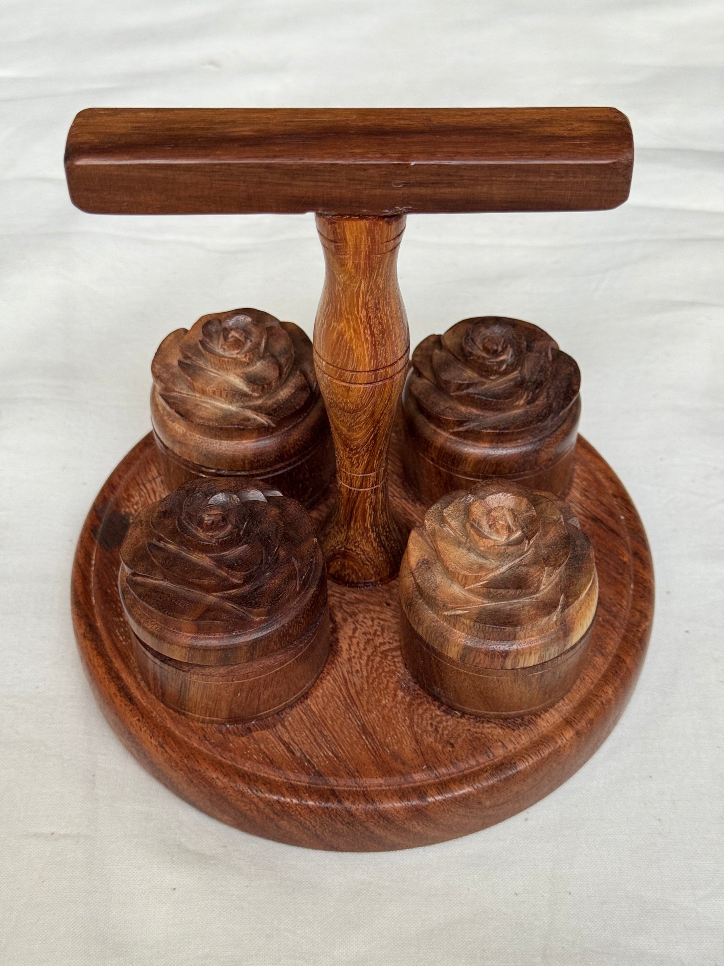 Carry pooja essentials together - handcrafted wood small haldi kumkum chandan akshat boxes with rose on top - with handle and attached to base