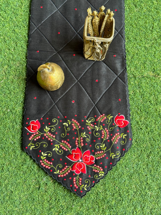 Black embroidered quilted art silk scallop border table runner