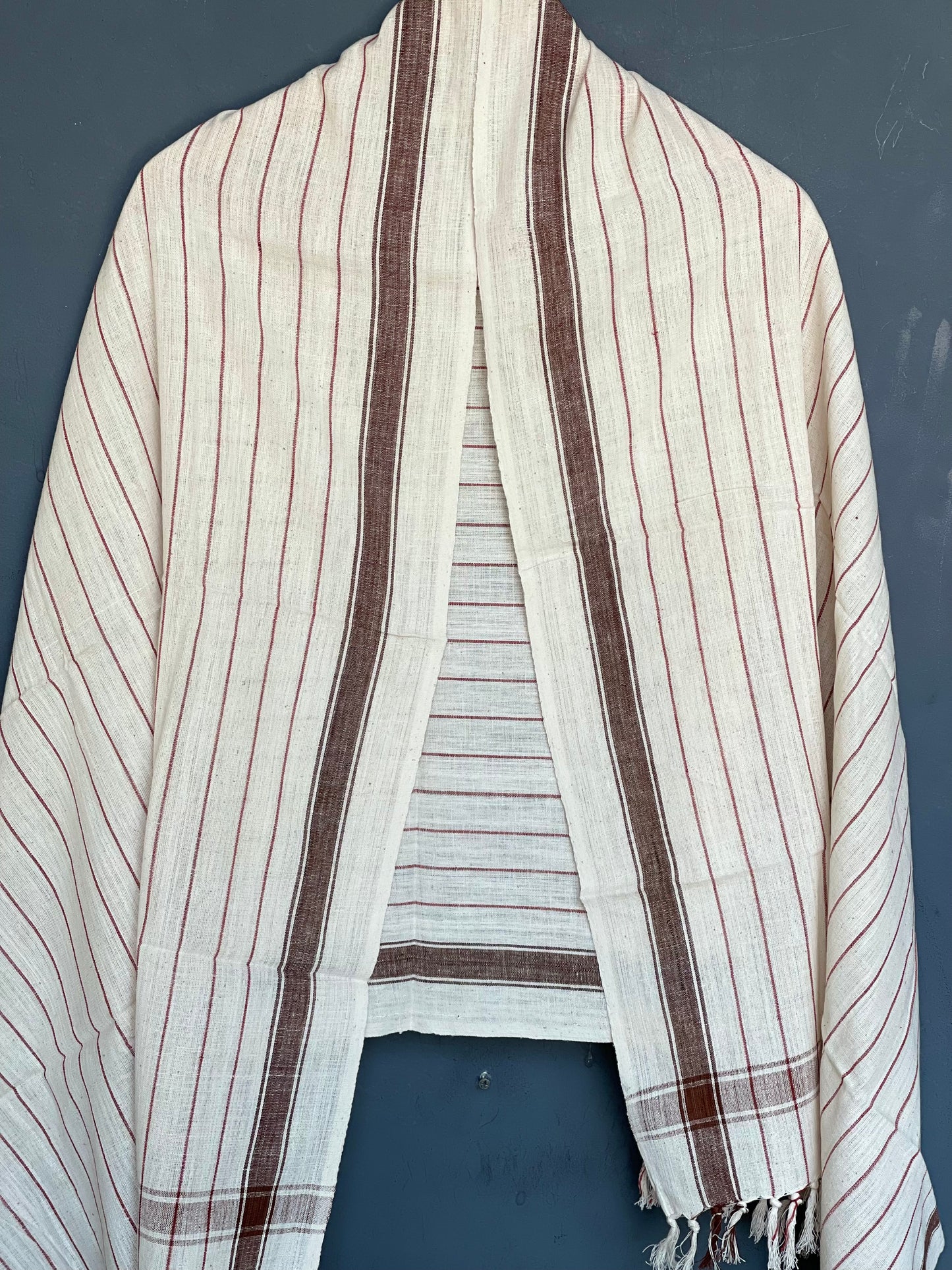 Off White hand spun hand woven cotton bath towel with brown stripes