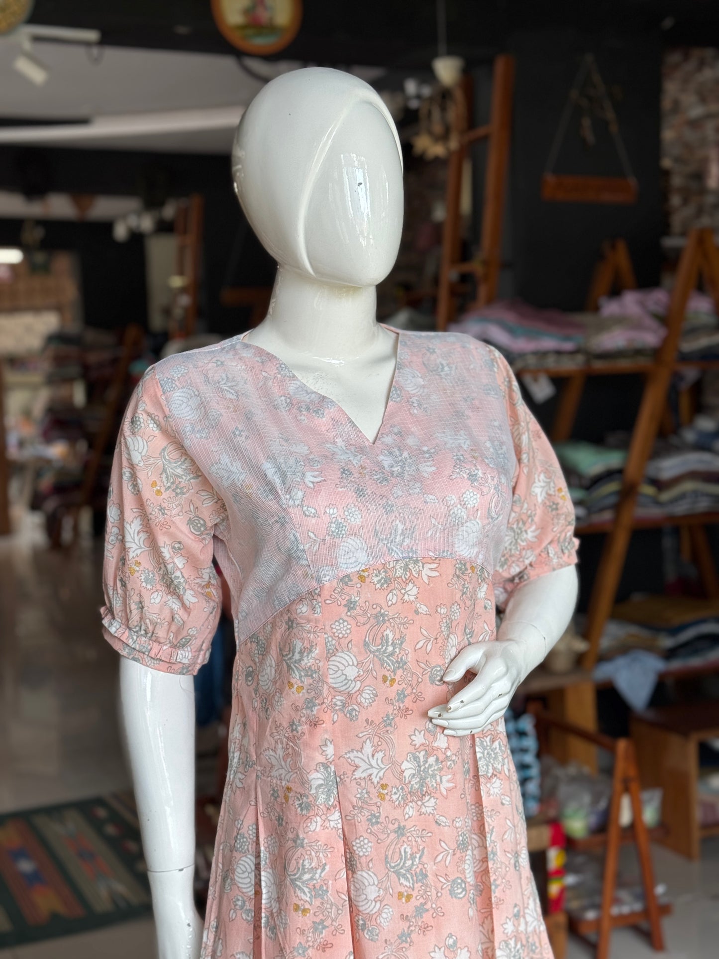 Peach floral hand block printed soft cotton dress with white kota cotton overlay