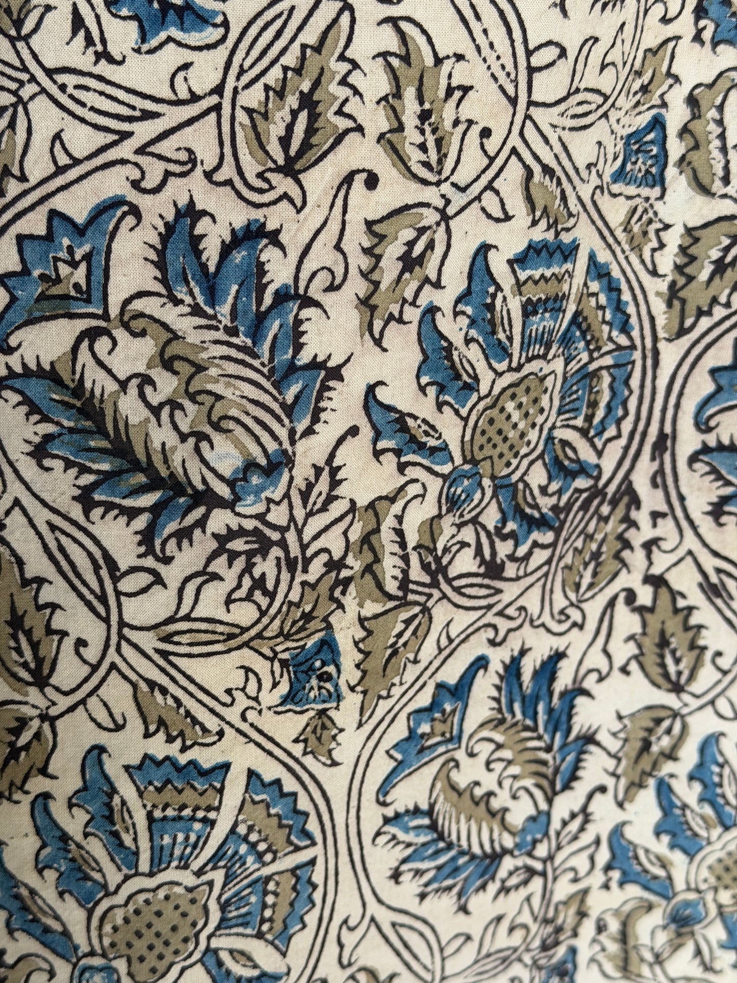 Blue floral Kalamkari hand block printed cotton short kurti / top