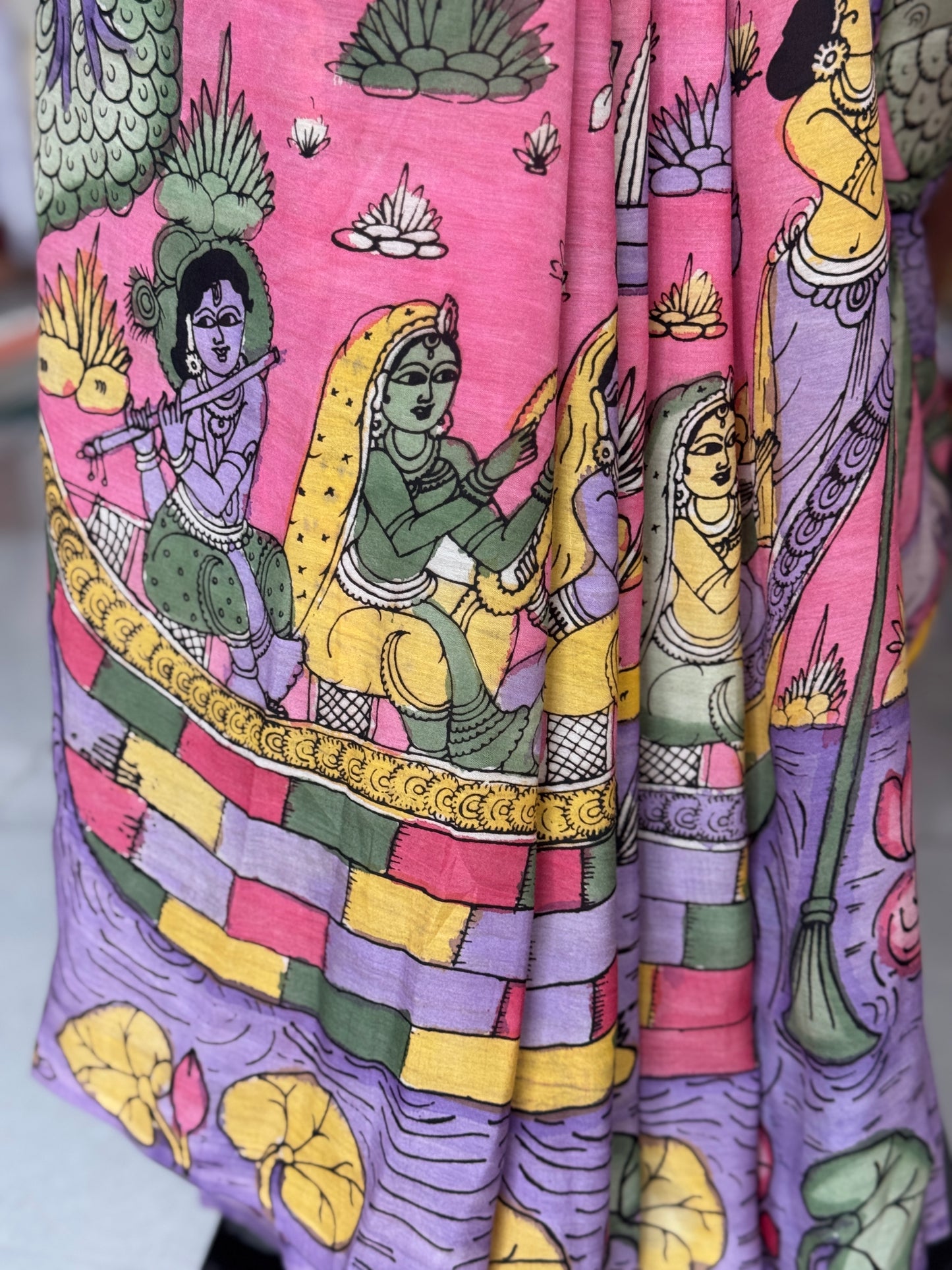 Pink and lavender hand painted pen kalamkari Chennuri silk yardage saree with skirt border and Radha Krishna design