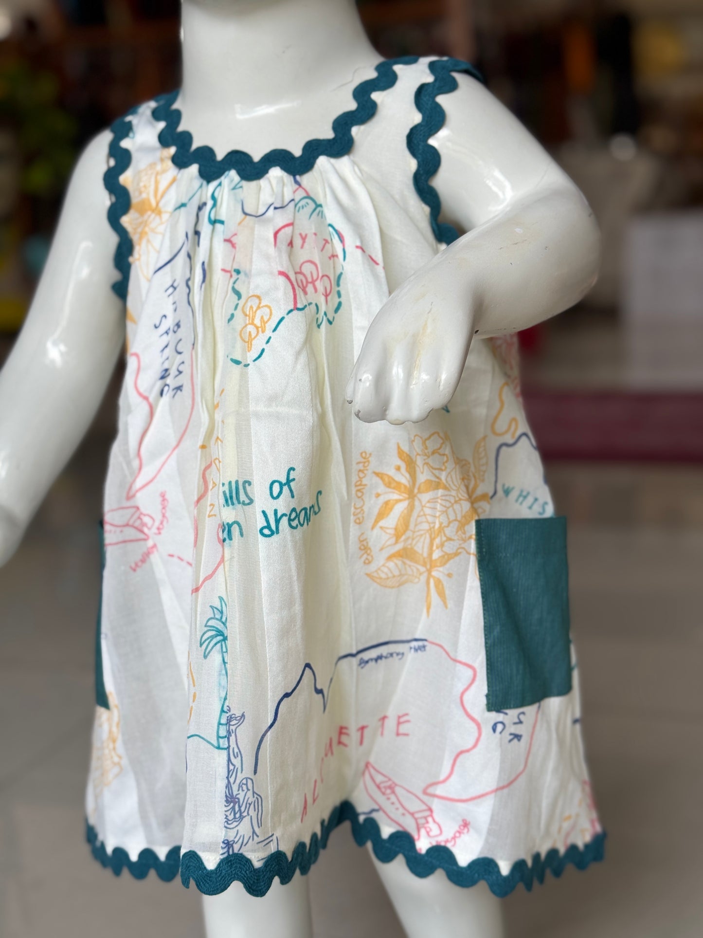 Off white soft cotton stripes frock with travel theme digital print