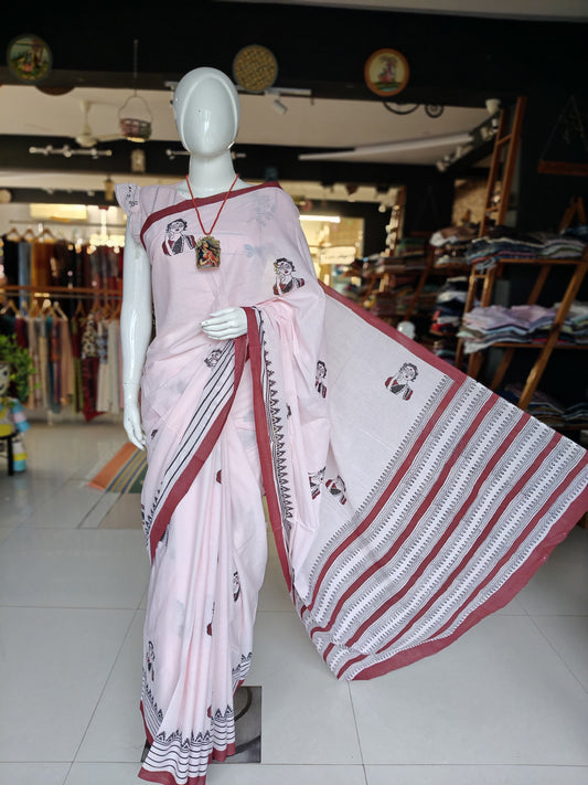 Lovely lady - quirky hand block printed light pink cotton saree