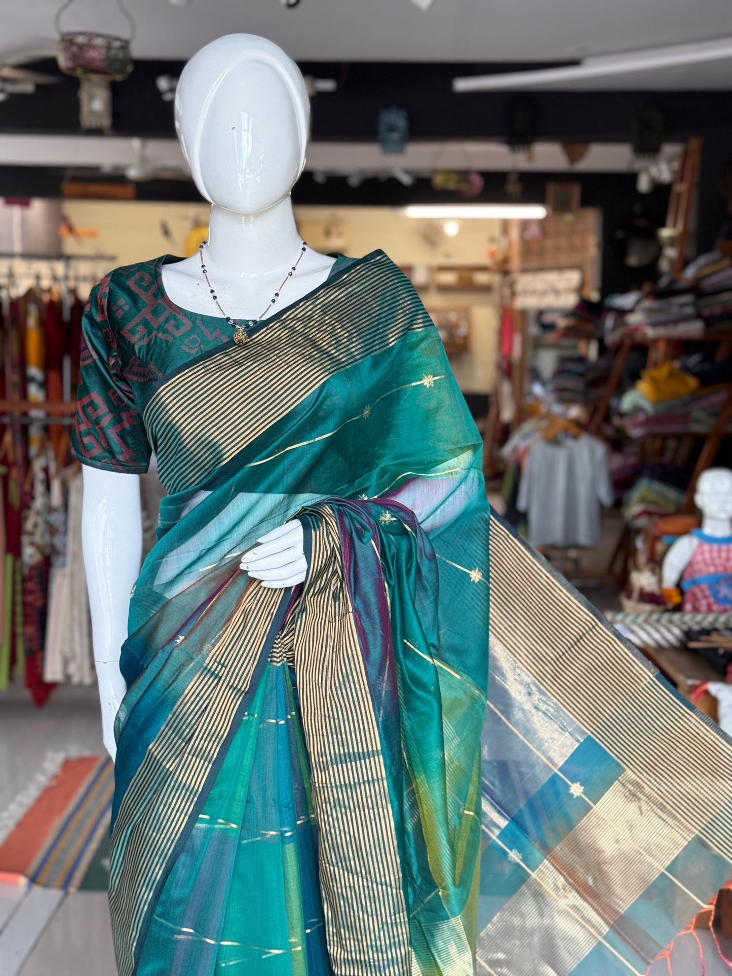 Turquoise, teal, green - multi color star buti stripes silk cotton Maheshwari handloom saree