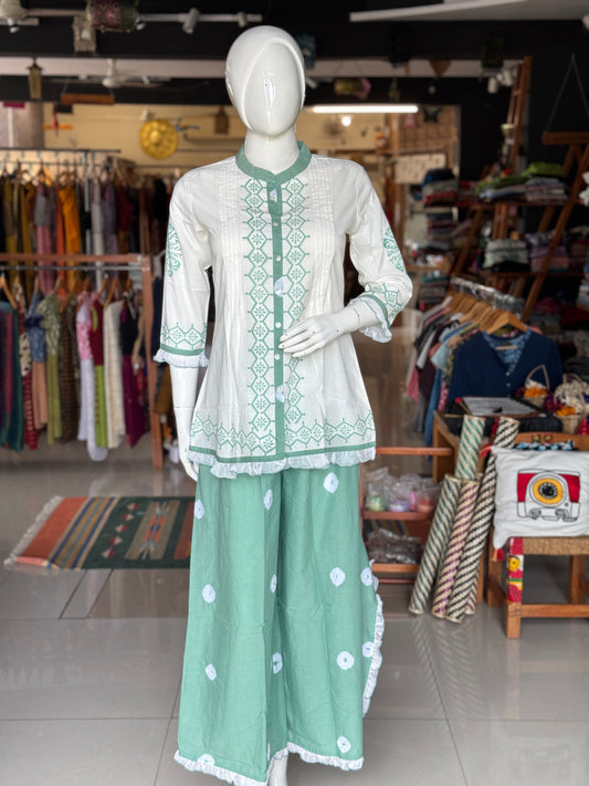 White n sea green hand block printed cotton top, stylish flared pants - 2 piece set