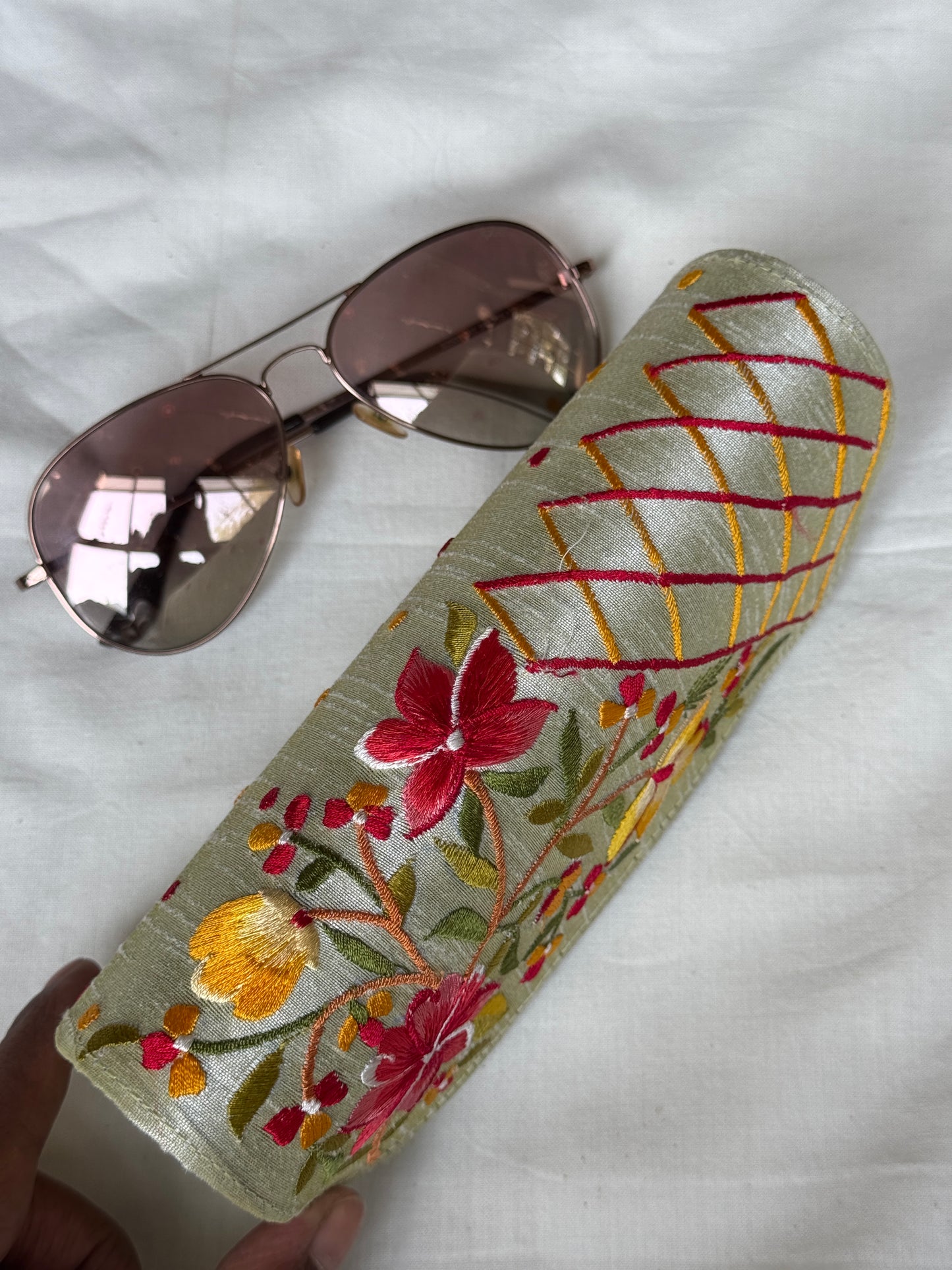 Embroidered hard base goggles / spectacles case with magnetic closure