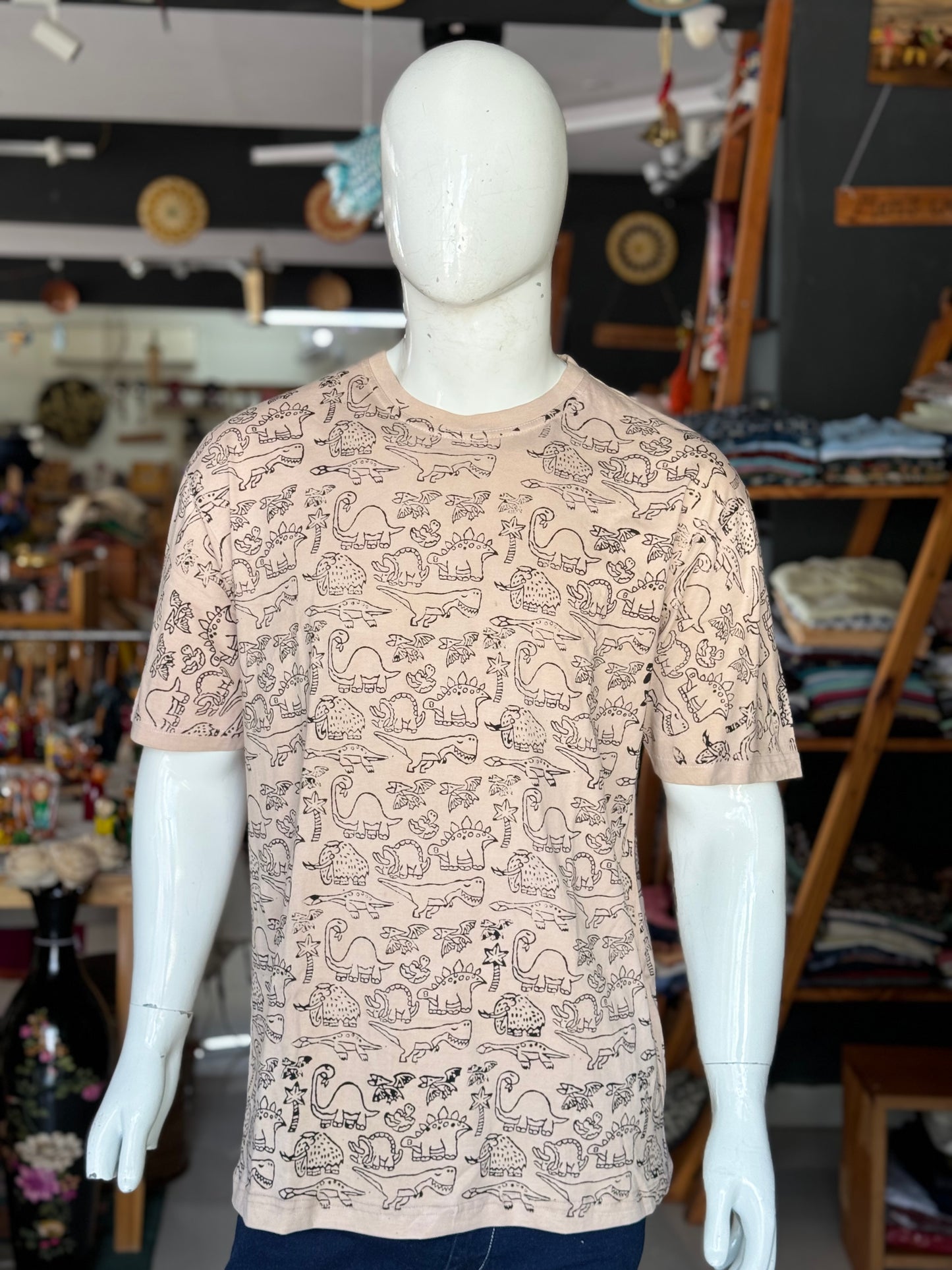 Off white dinosaurs and mammoths - hand block printed natural dyed cotton t-shirt
