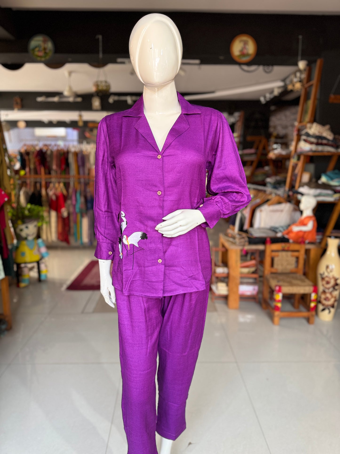 Purple soft bamboo coord set with embroidery