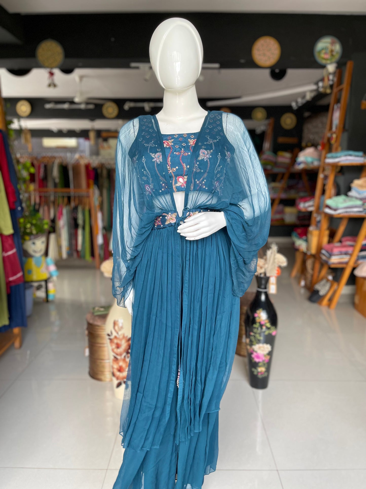 Teal silk crop top with georgette  hand embroidered fancy jacket, plazo set
