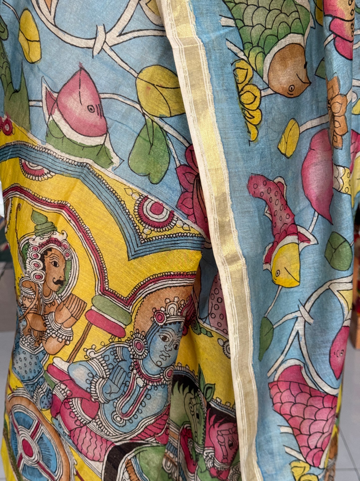 Silk cotton Chanderi hand painted pen Kalamkari dupatta