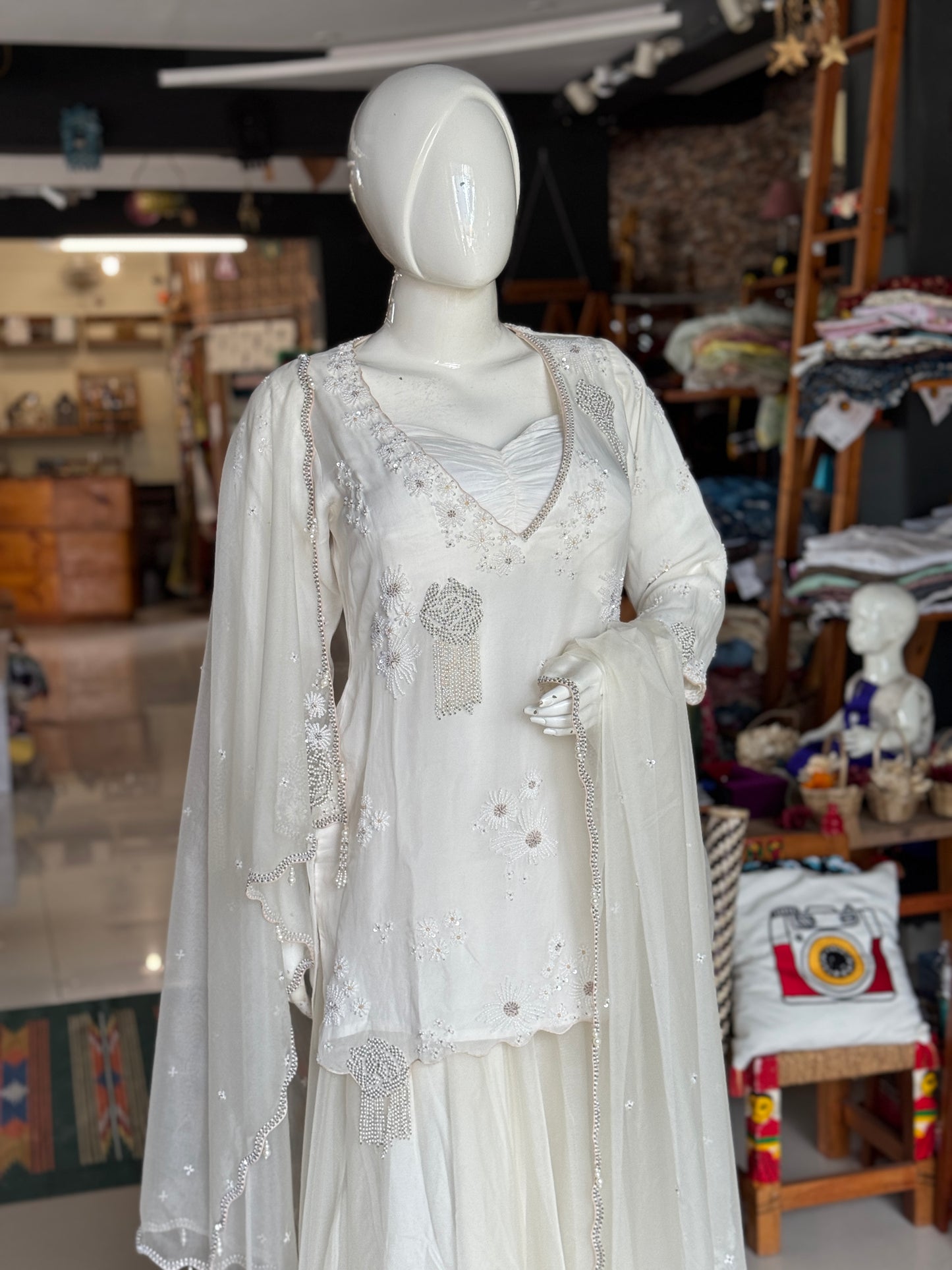 Off white splendor - Soft organza hand embroidered long sleeves kurti, skirt, dupatta and crepe bustier - 4 piece set