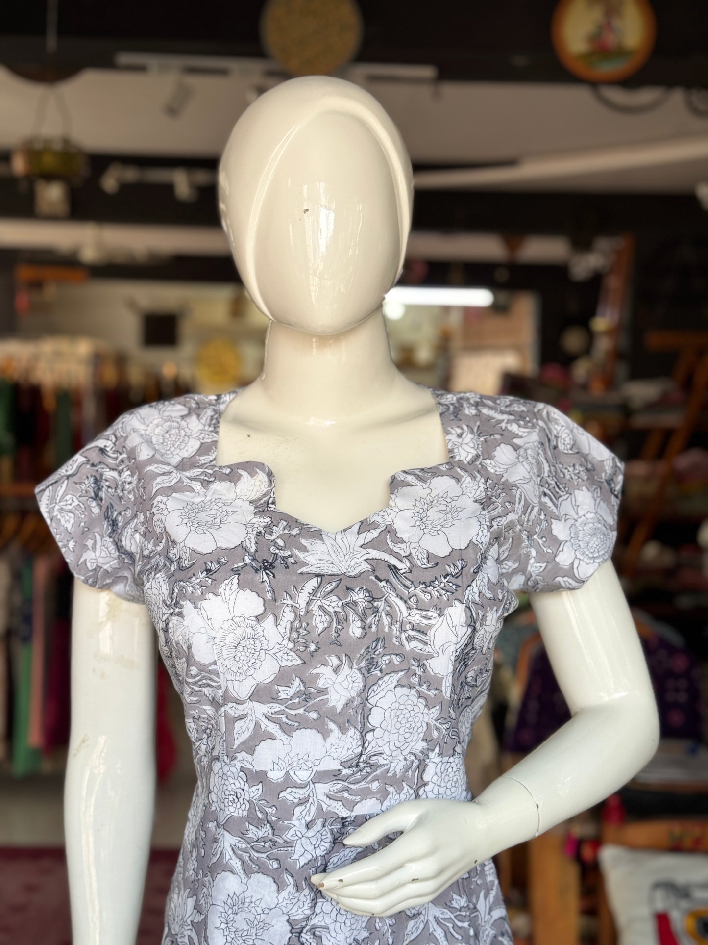 Grey floral hand block printed cotton dress with overlap skirt