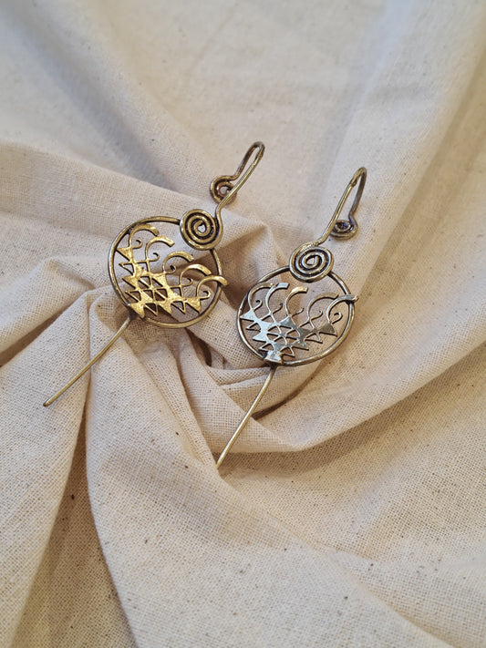 Saraswati yantra ear bugidi / clip ons -  designer earrings made of copper and brass