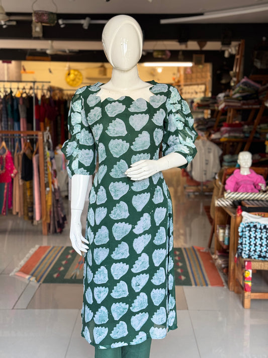 Dark green floral georgette hand batik straight kurti with lining