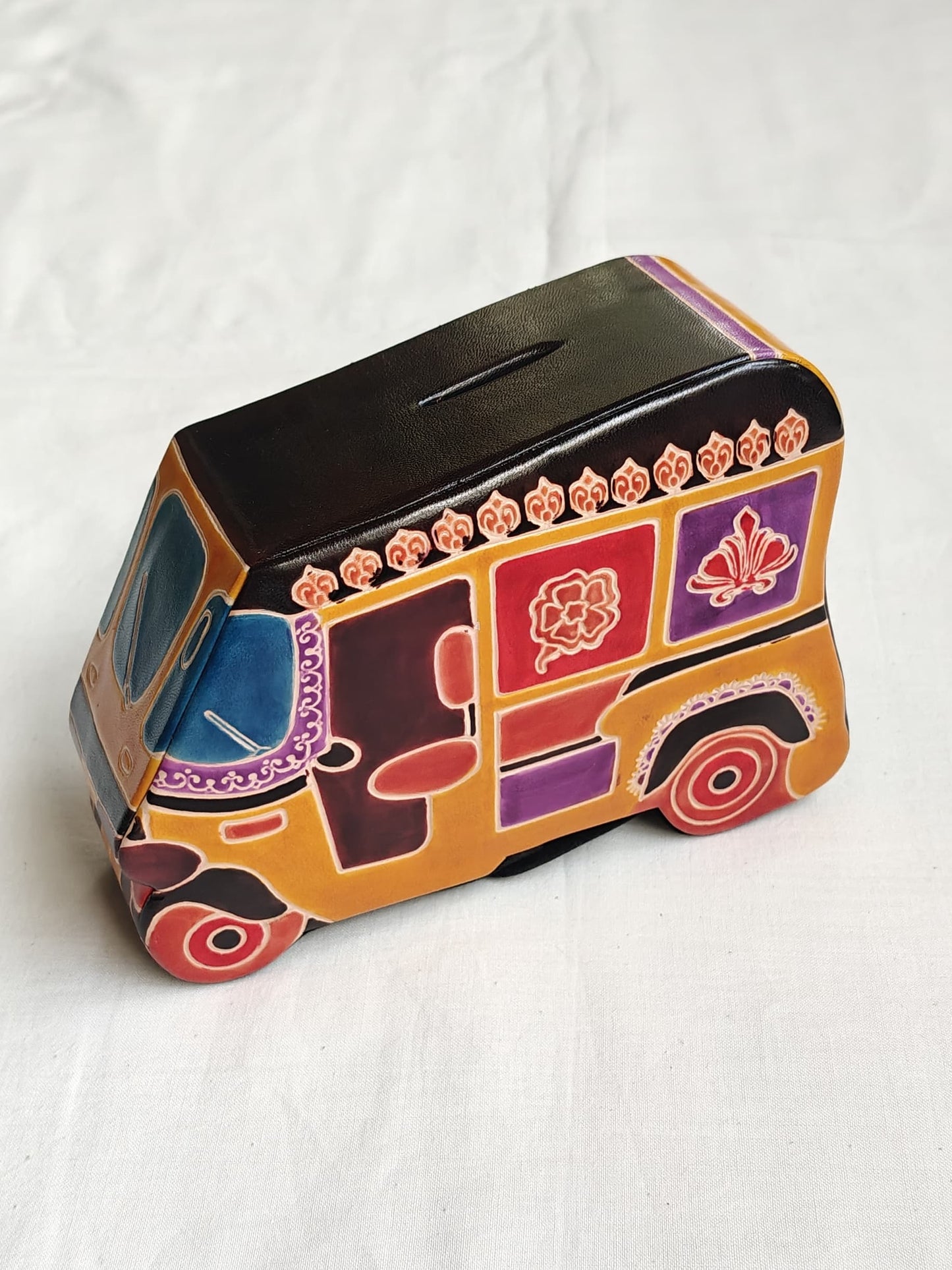 Leather handcrafted money bank - embossed and painted - multiple designs available