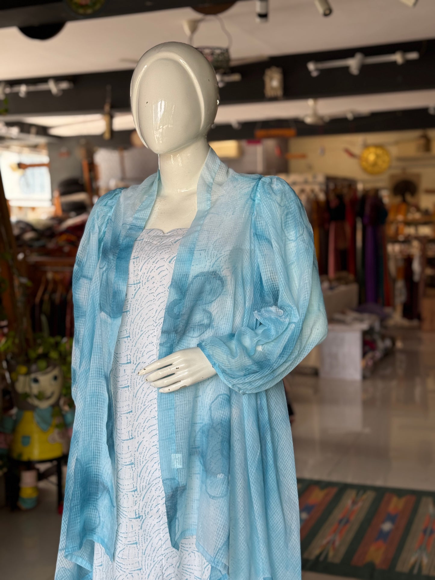 White and sky blue flowers handpainted kota cotton shrug with sleeves