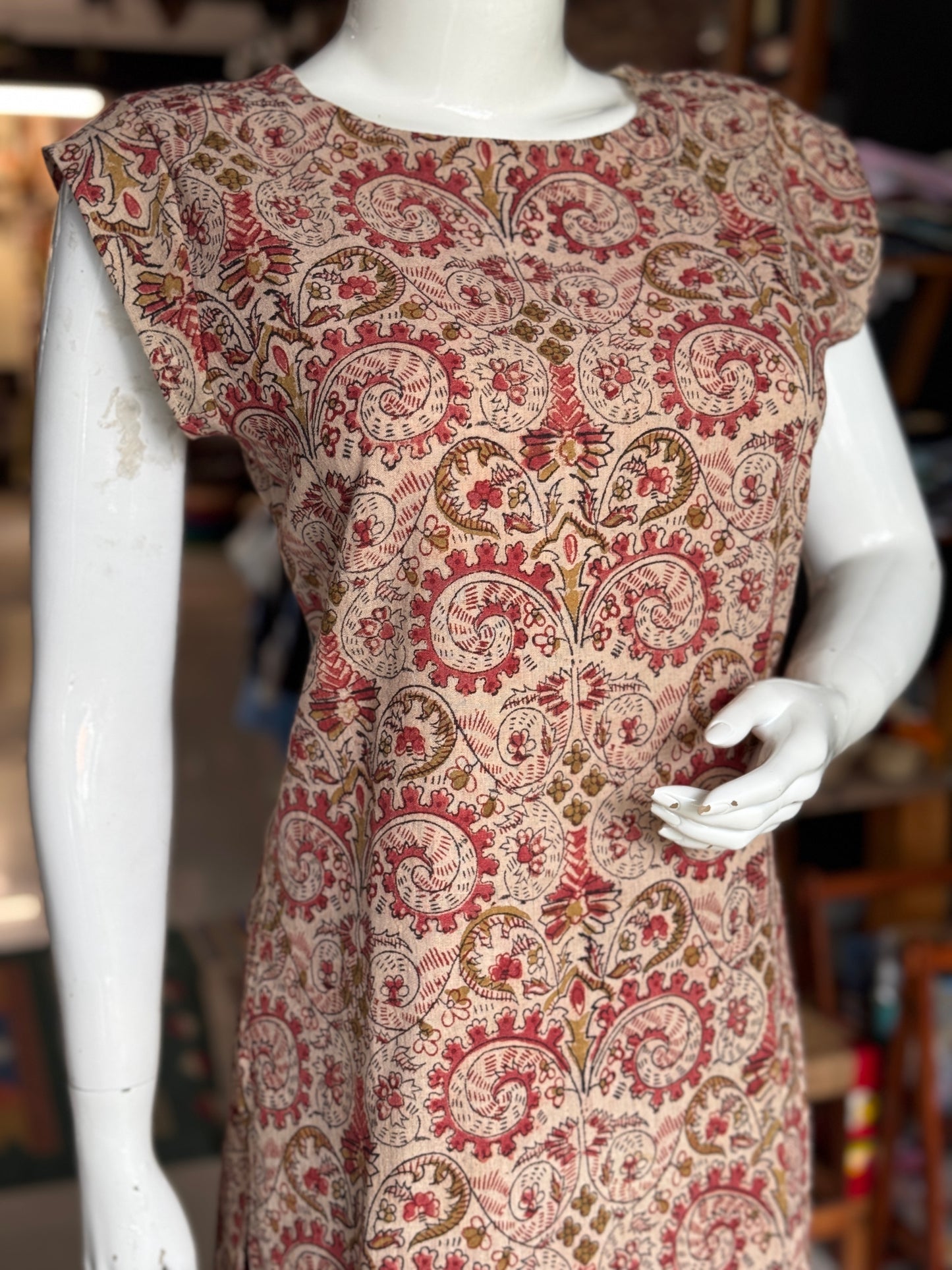 Pink green flowers Kalamkari hand block printed cotton straight kurti