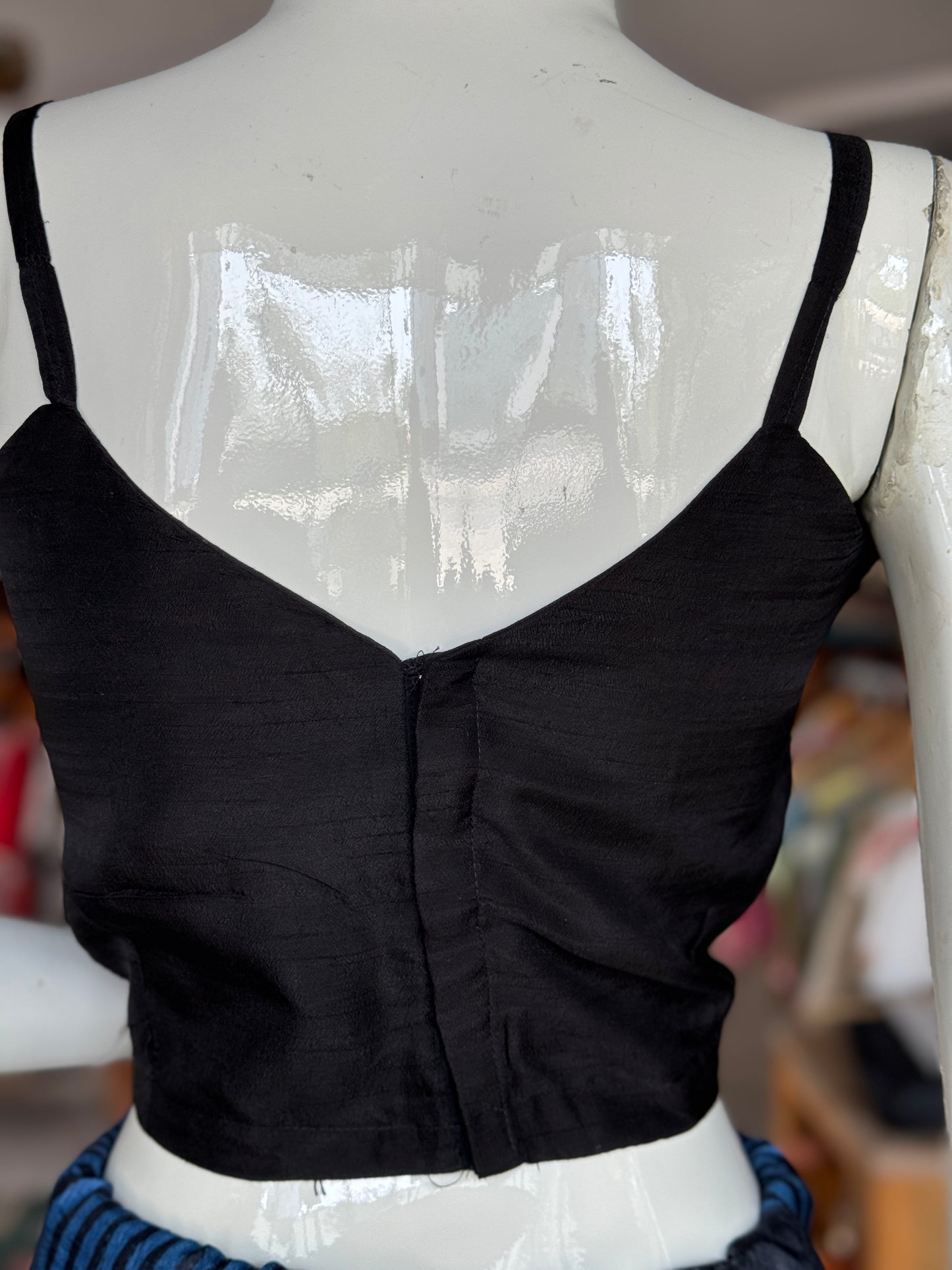 Black plain spaghetti straps sleeveless back open silk blouse