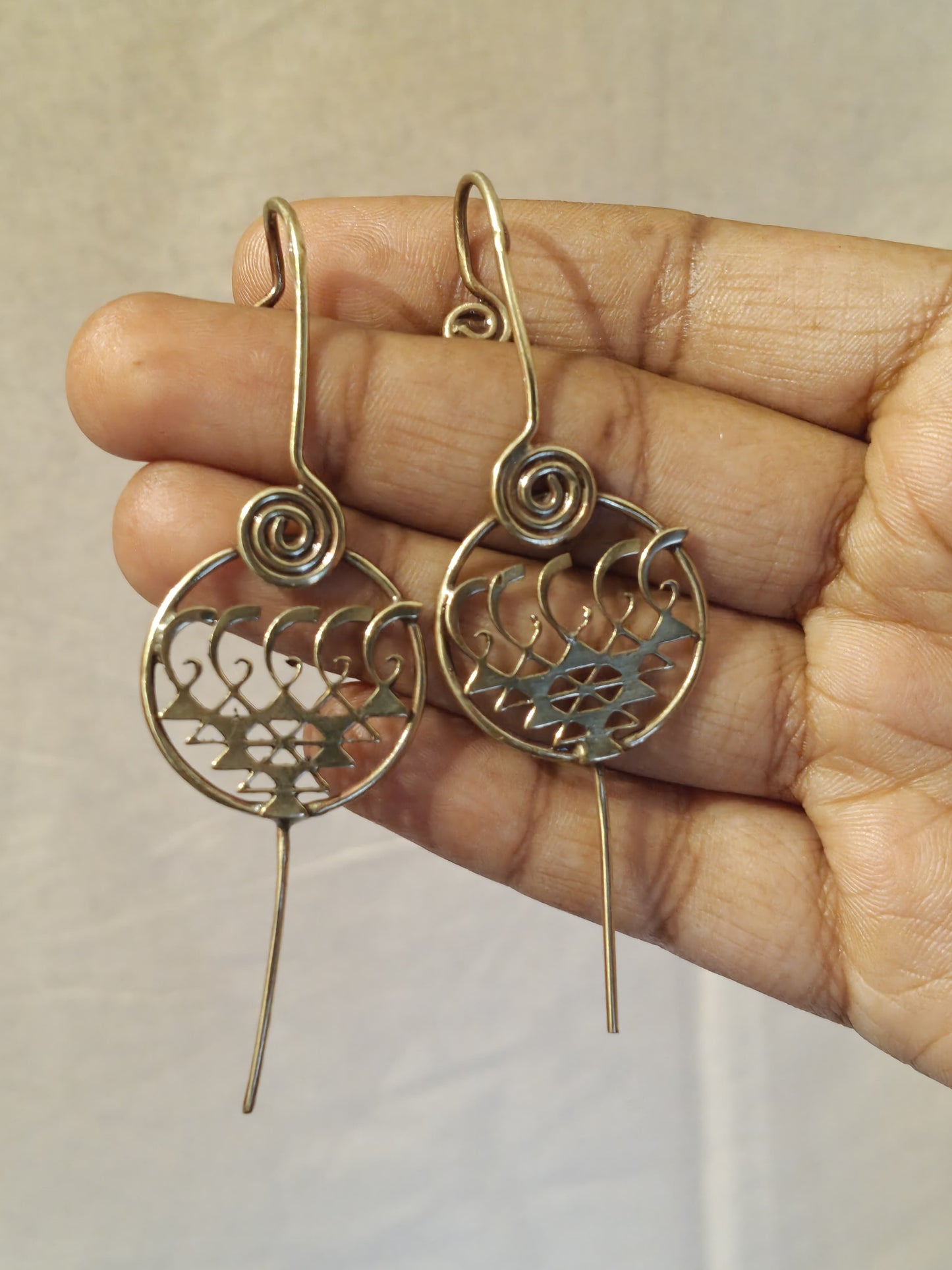 Saraswati yantra ear bugidi / clip ons - designer earrings made of copper and brass