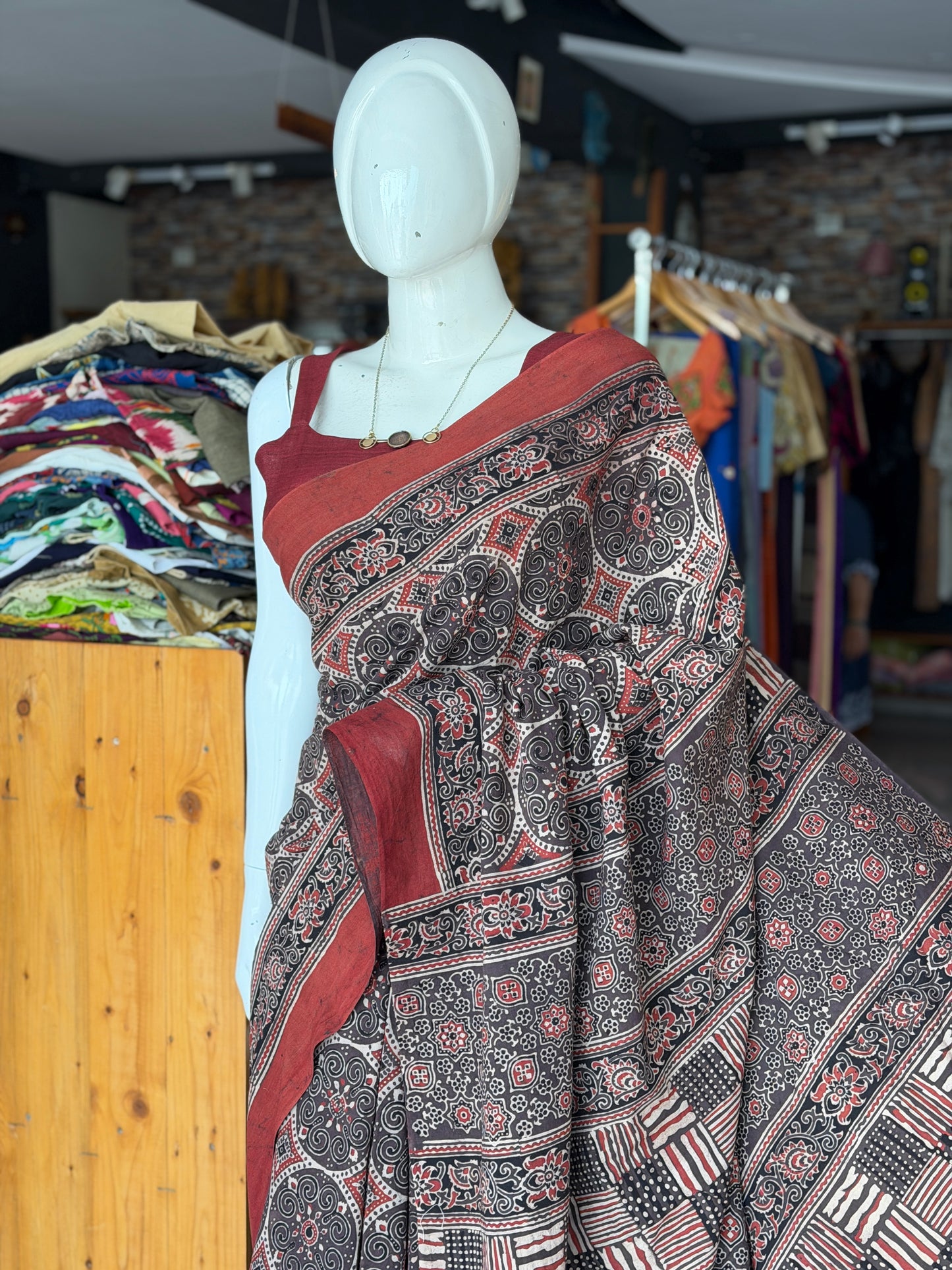 Rust brown and black circles Ajrakh hand block printed 60s cotton saree