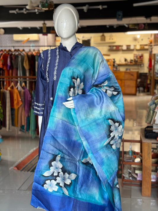 Shades of blue - hand painted tussar silk floral dupatta