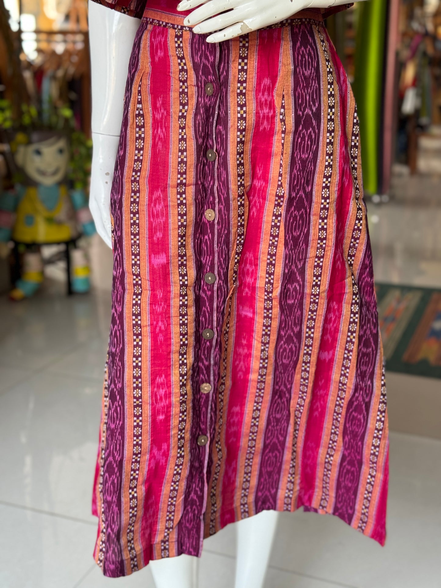 Red and purple ikat handwoven cotton coord set with sleeveless crop top and skirt with front buttons detailing