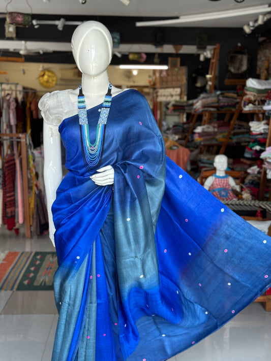 Shades of blue hand crafted pure tussar silk saree - colorful dots