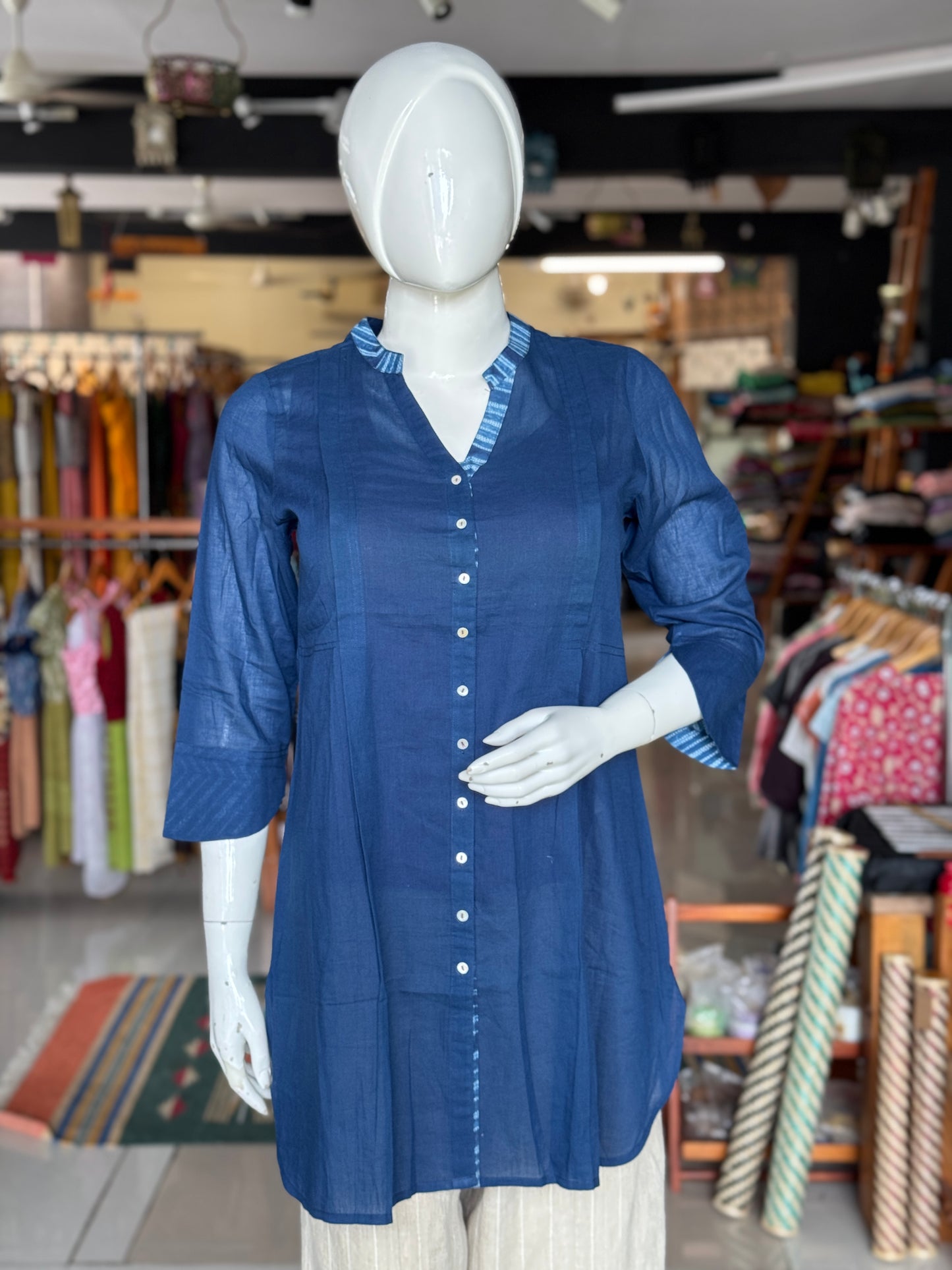 Indigo blue needle Shibori tie n dye cotton Shibori short kurti with foldable cuff