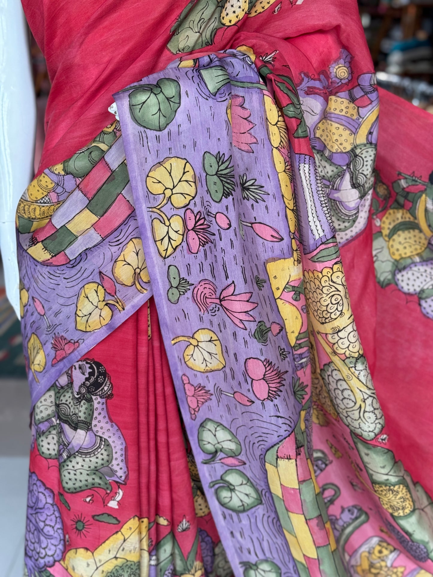 Pink and lavender hand painted pen kalamkari Chennuri silk yardage saree with skirt border and Radha Krishna design