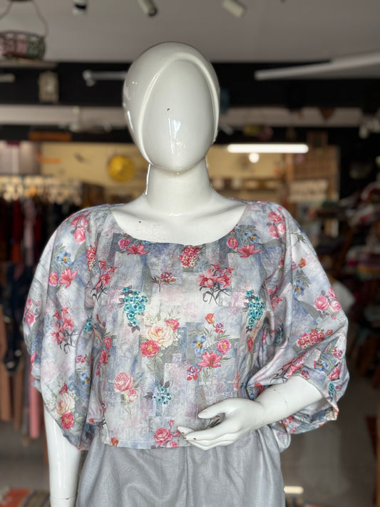 Floral Digital printed mixed cotton fancy shoulder sleeve crop top / blouse