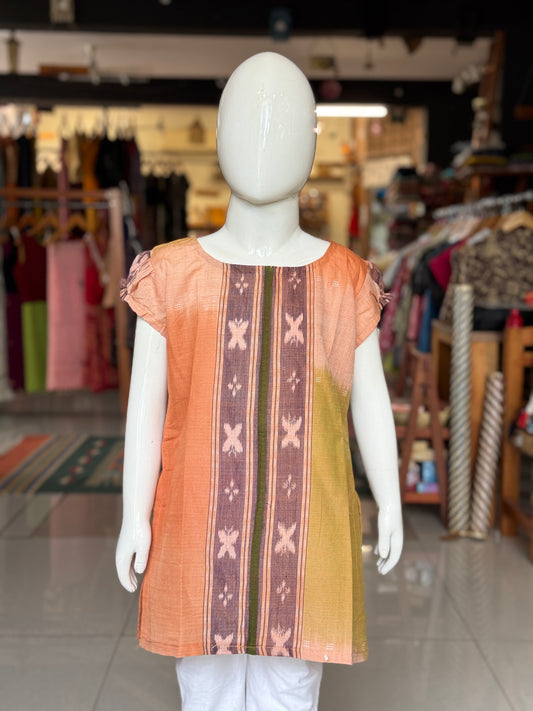 Orange mauve handloom ikat cotton straight cut kurti for girls