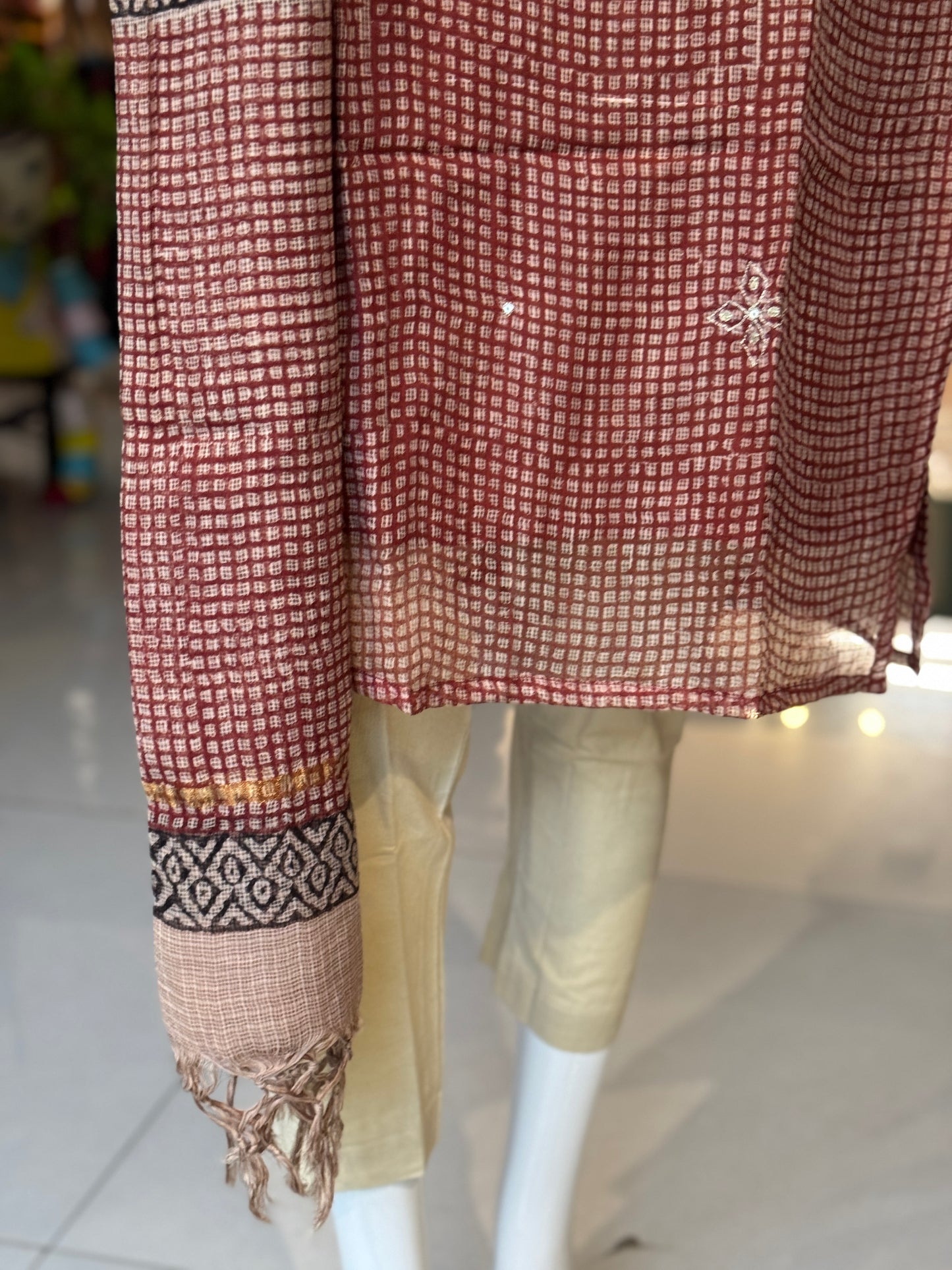 Rust checks print kota cotton straight kurti, pants and dupatta set - with hand embroidery