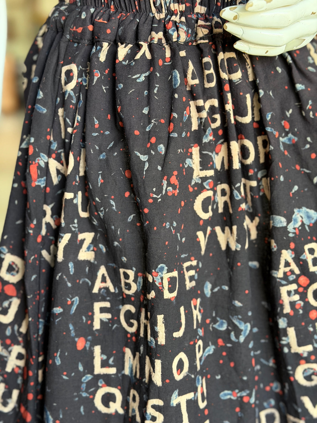 Black ABC alphabet hand block printed Ajrakh cotton skirt