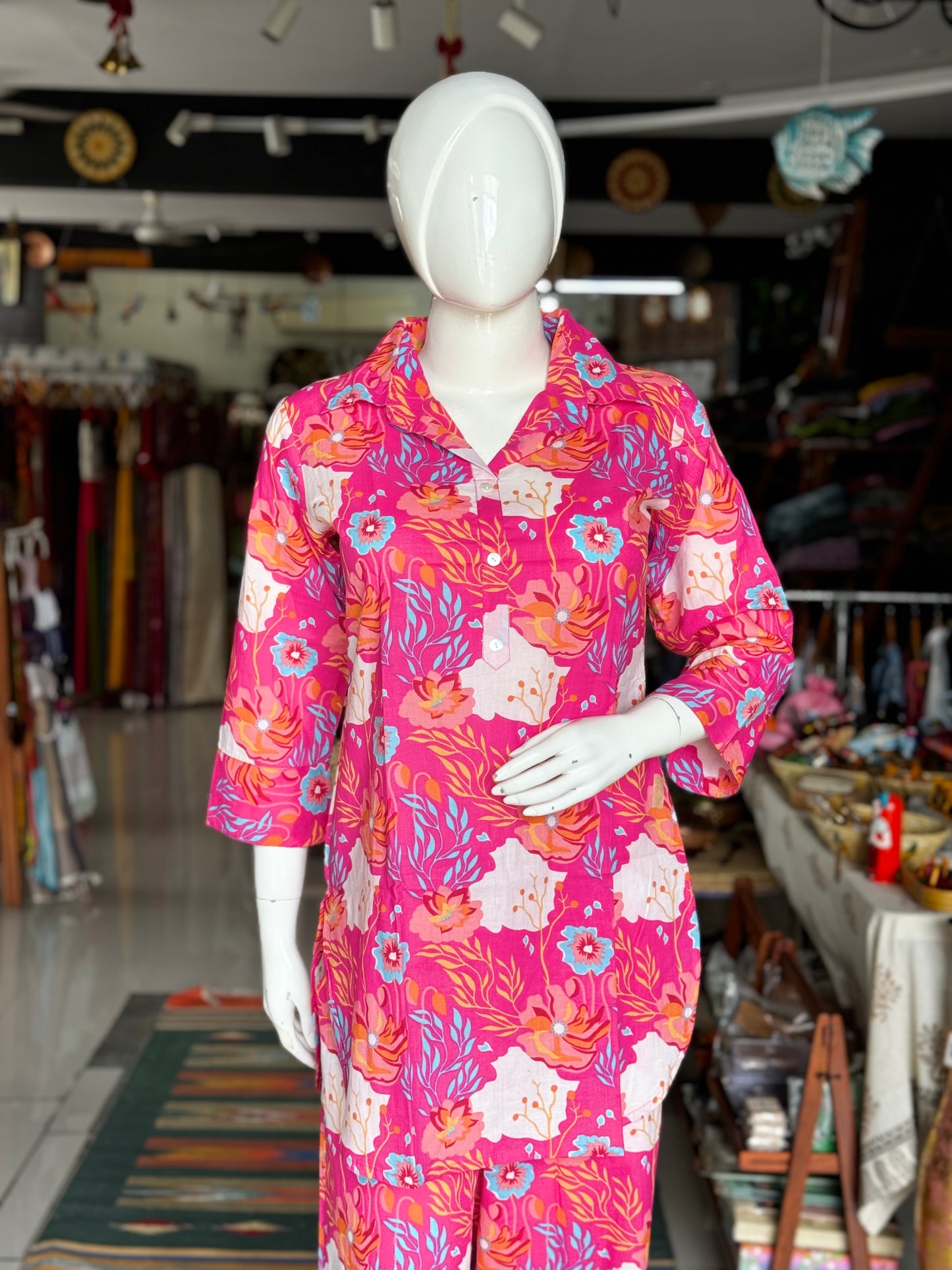 Pink floral print collared cotton top with long sleeves and pants coord set