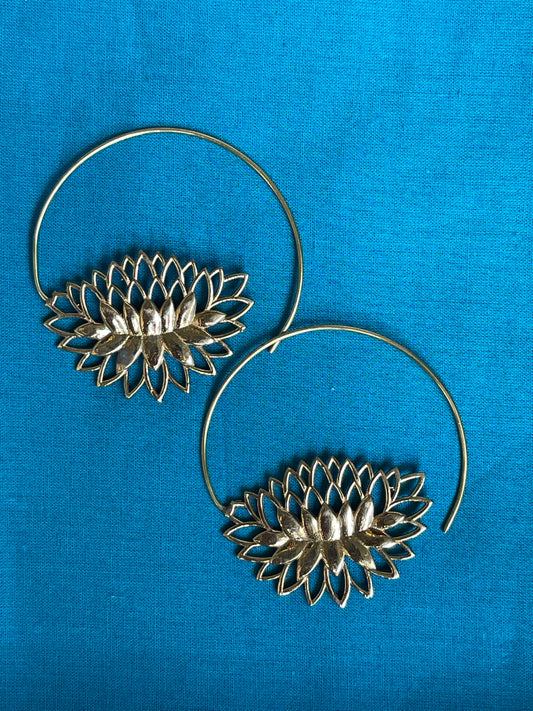 Full bloom lotus - brass side hooks earrings