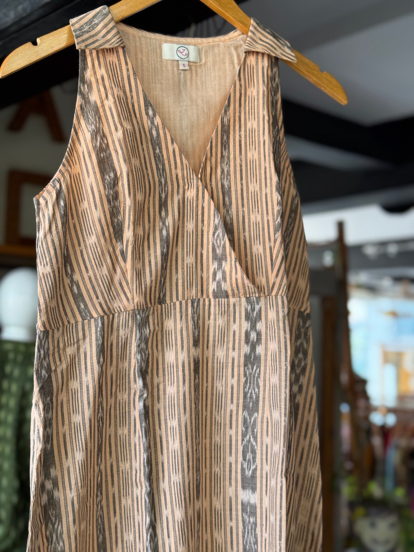 Beige Ikat cotton hand woven v-neck dress