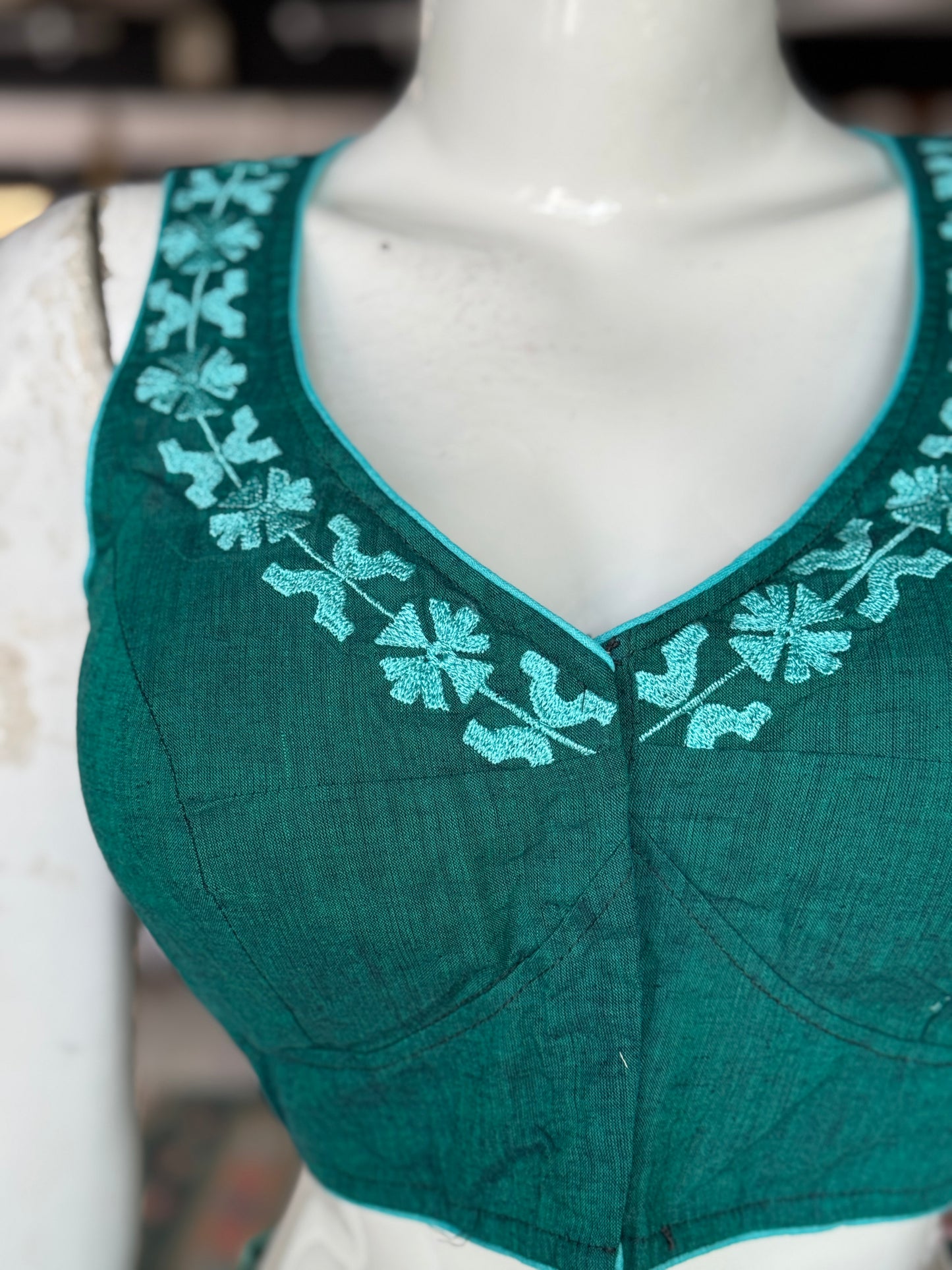 Embroidered neckline princess cut cotton sleeveless blouse - multiple colors available