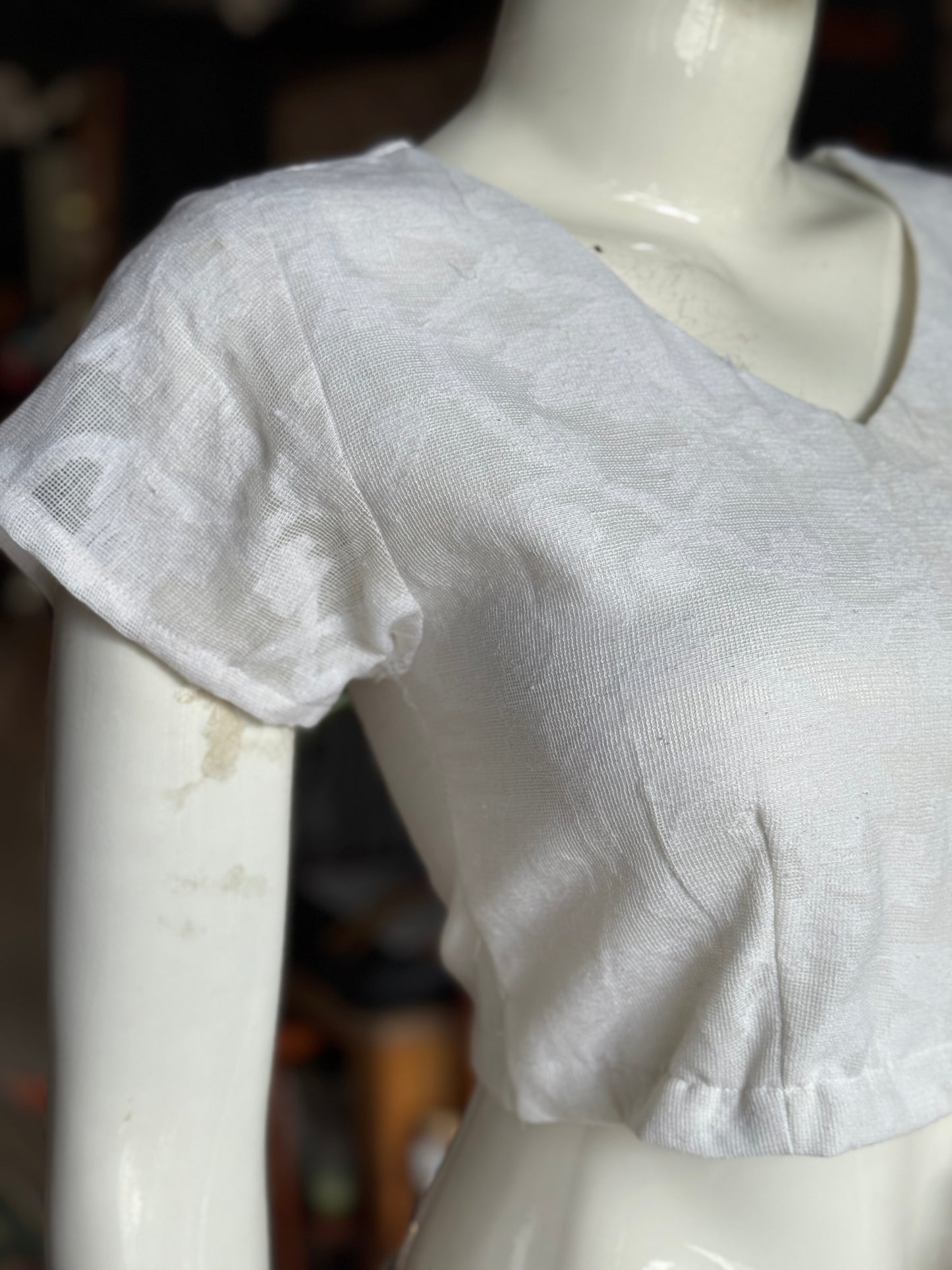 White cut work cotton blouse with lining, back open - design option available
