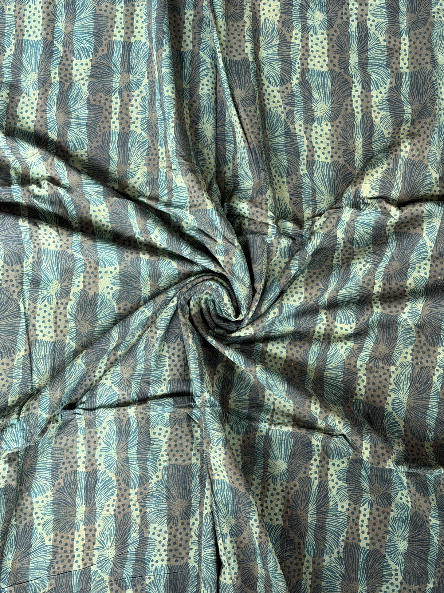 Blue green dots and flowers hand block printed cotton fabric - double dabu print