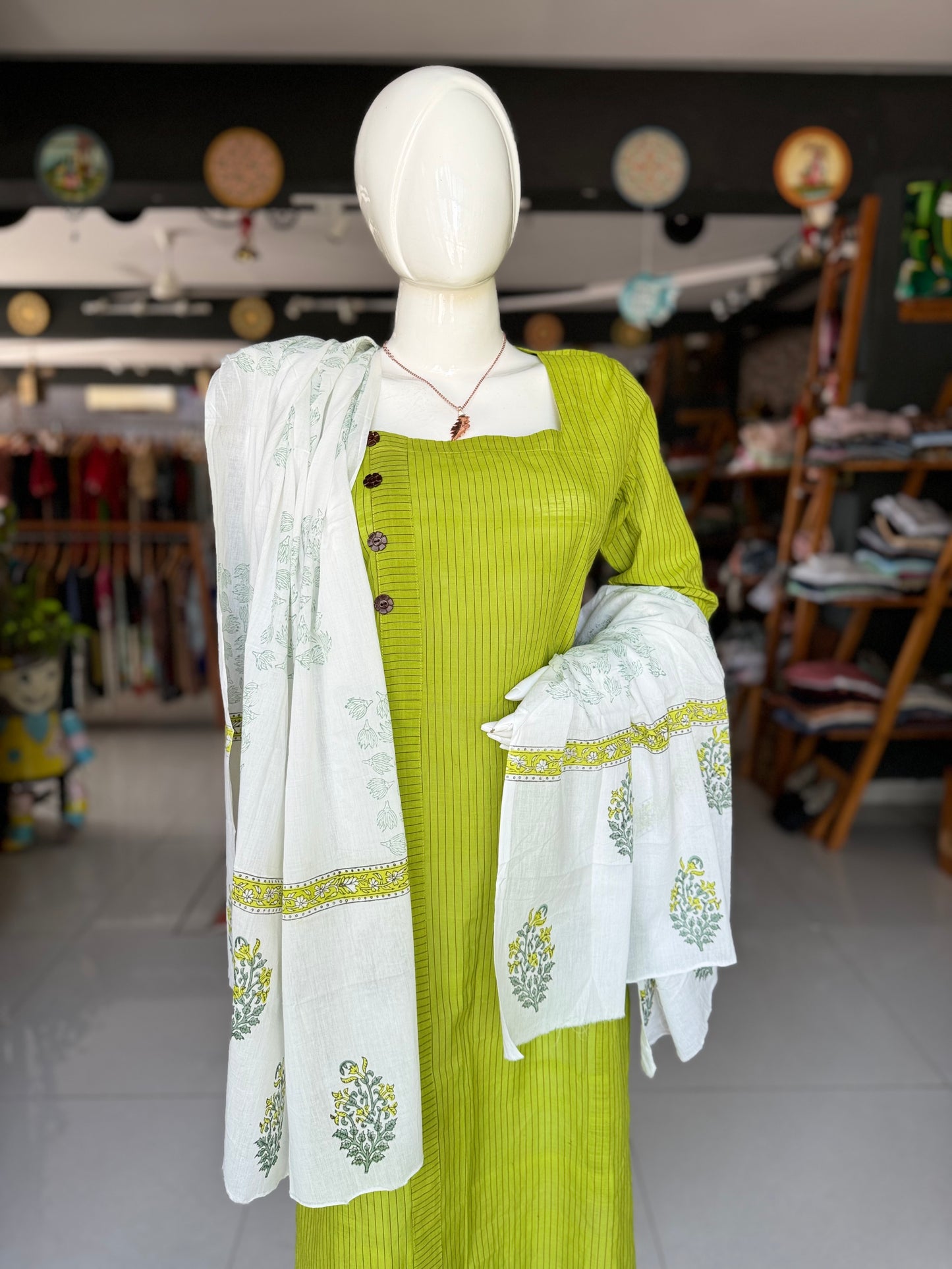 White and green soft cotton hand block printed dupatta