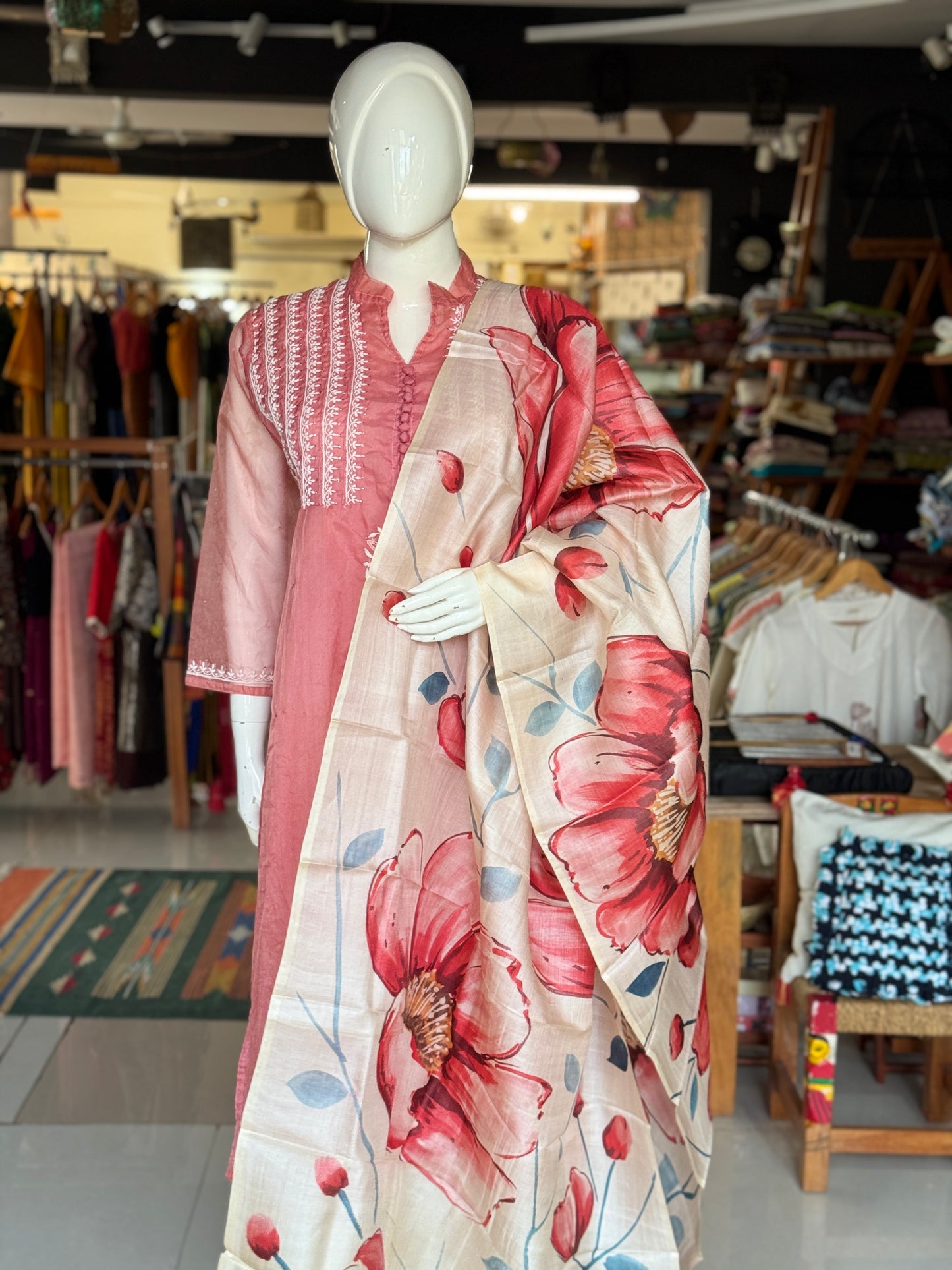 Cream and peach - hand painted tussar silk floral dupatta
