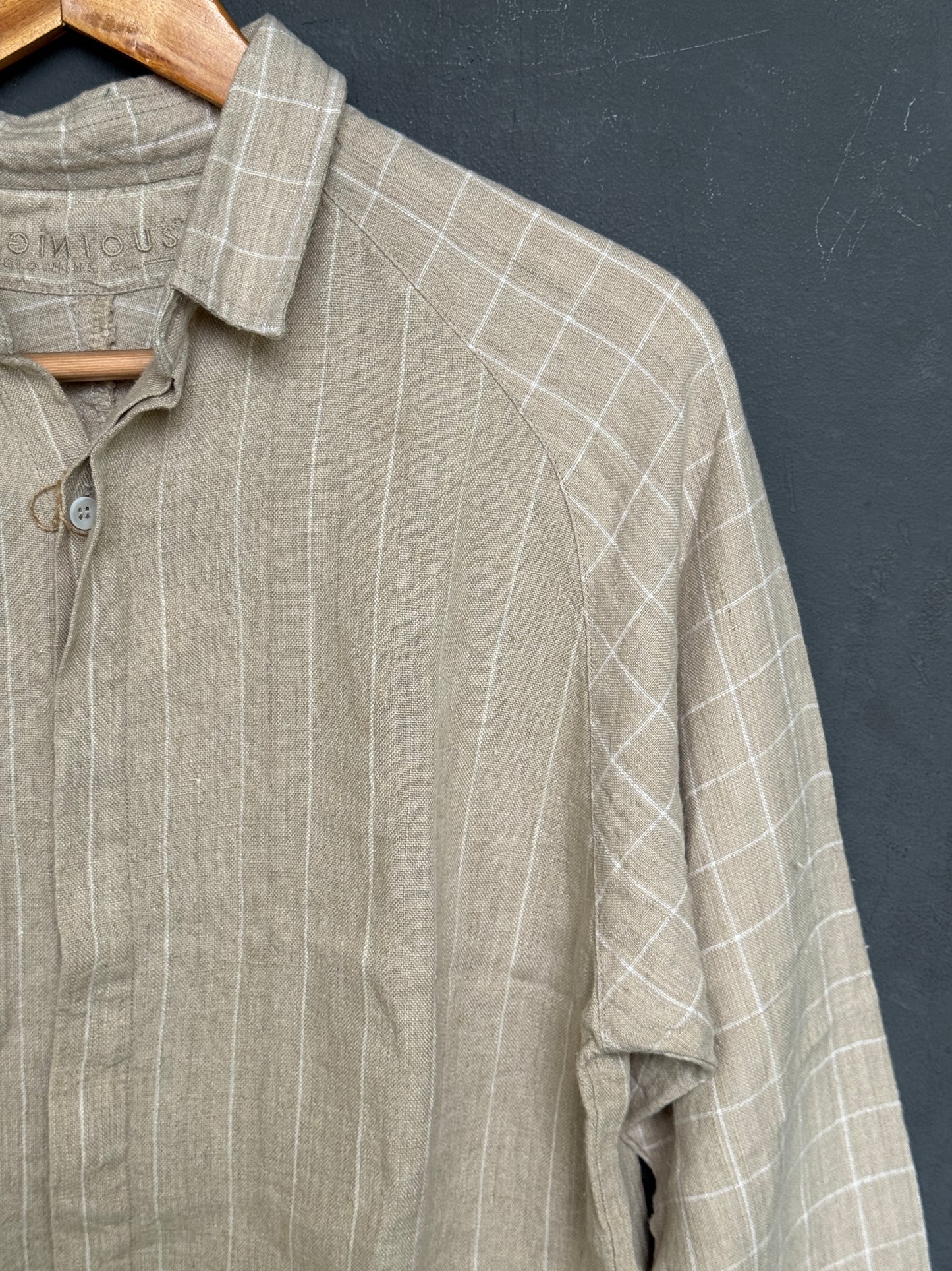 Beige stripes raglan sleeves handwoven full sleeves linen shirt for men