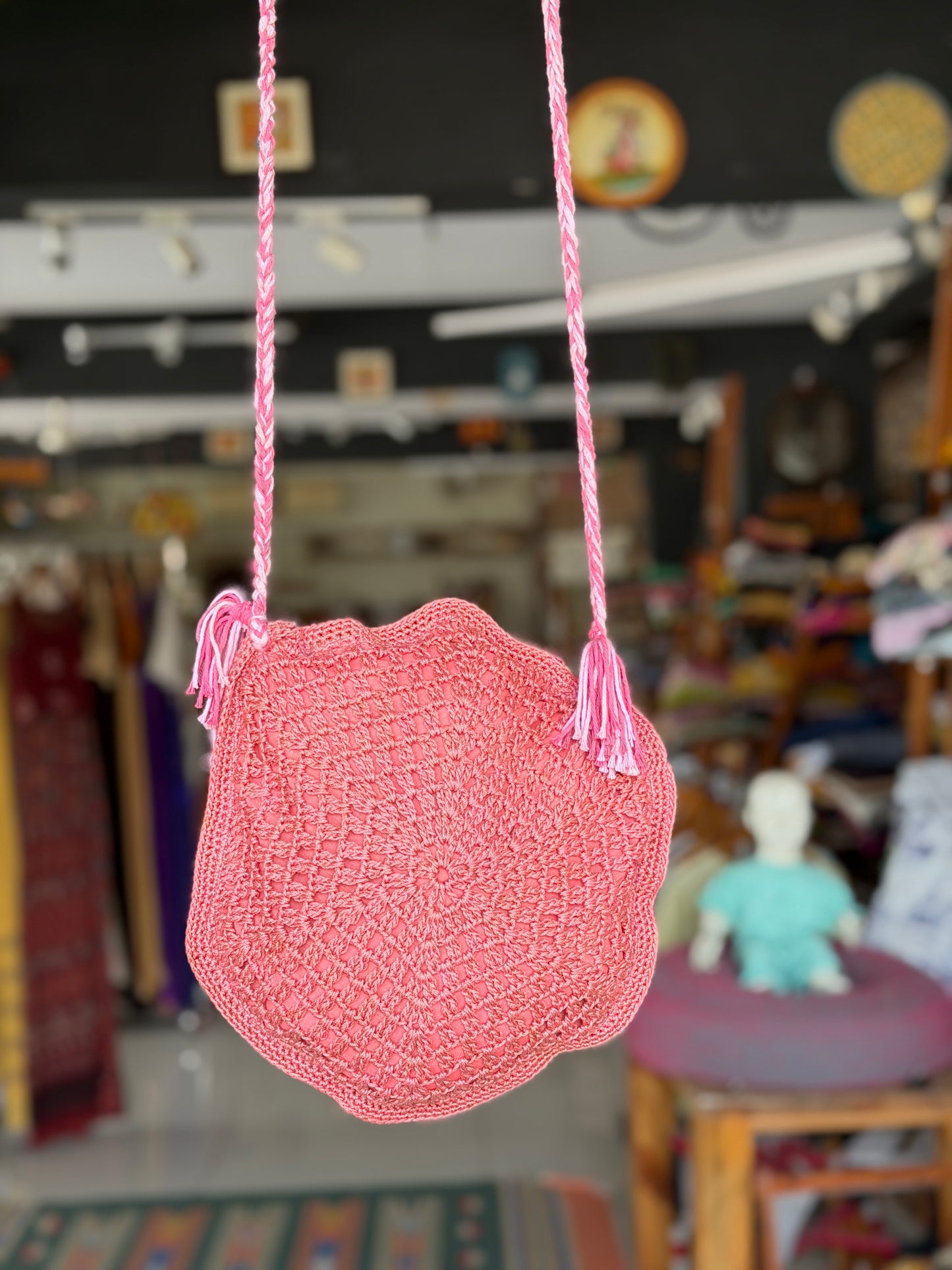 Pink crochet hexagonal Sling bag - handcrafted crochet bag with zipper closure, inner lining