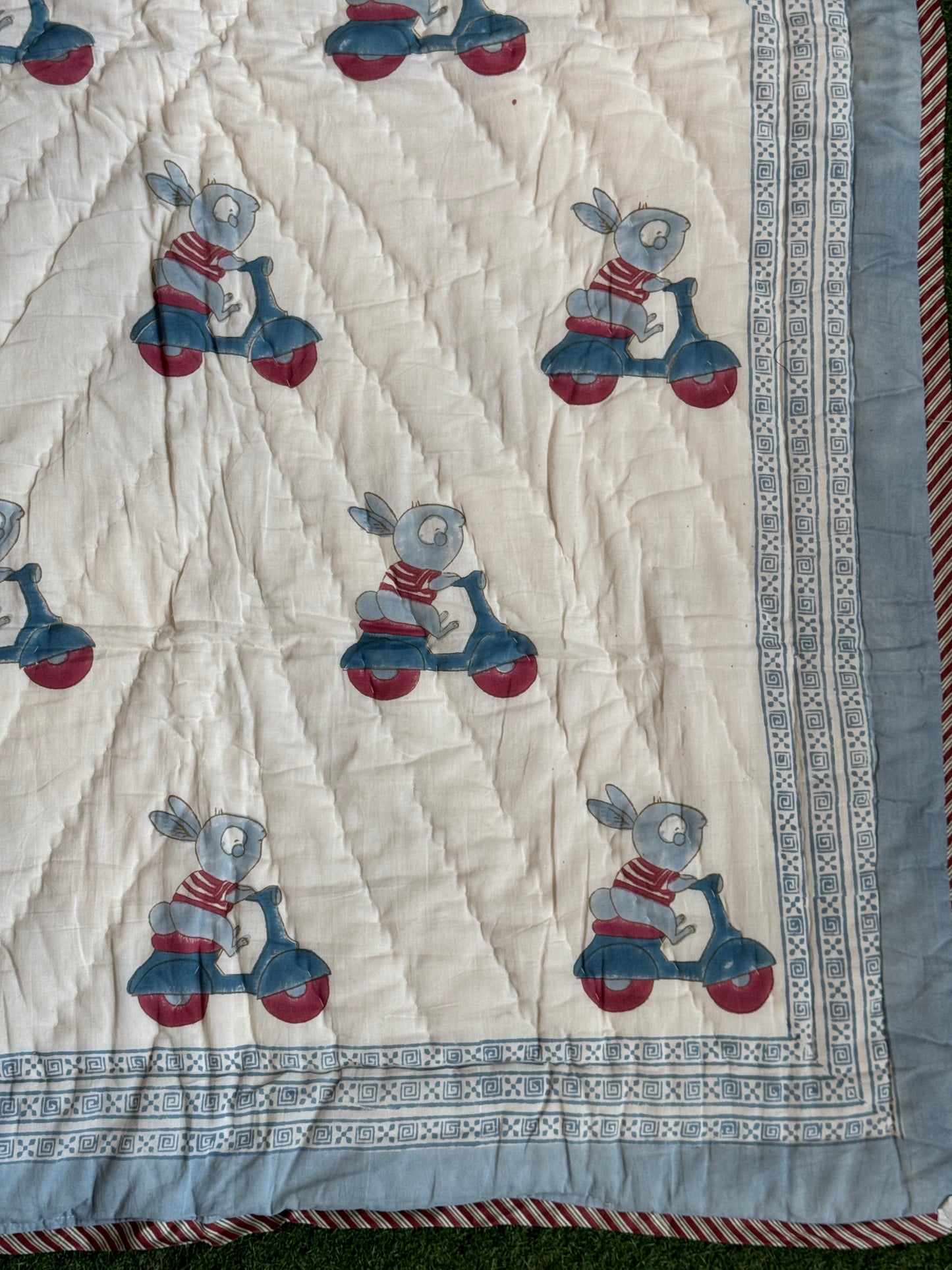 Rabbit on a scooter cute hand block printed reversible cotton quilts / play mats for children
