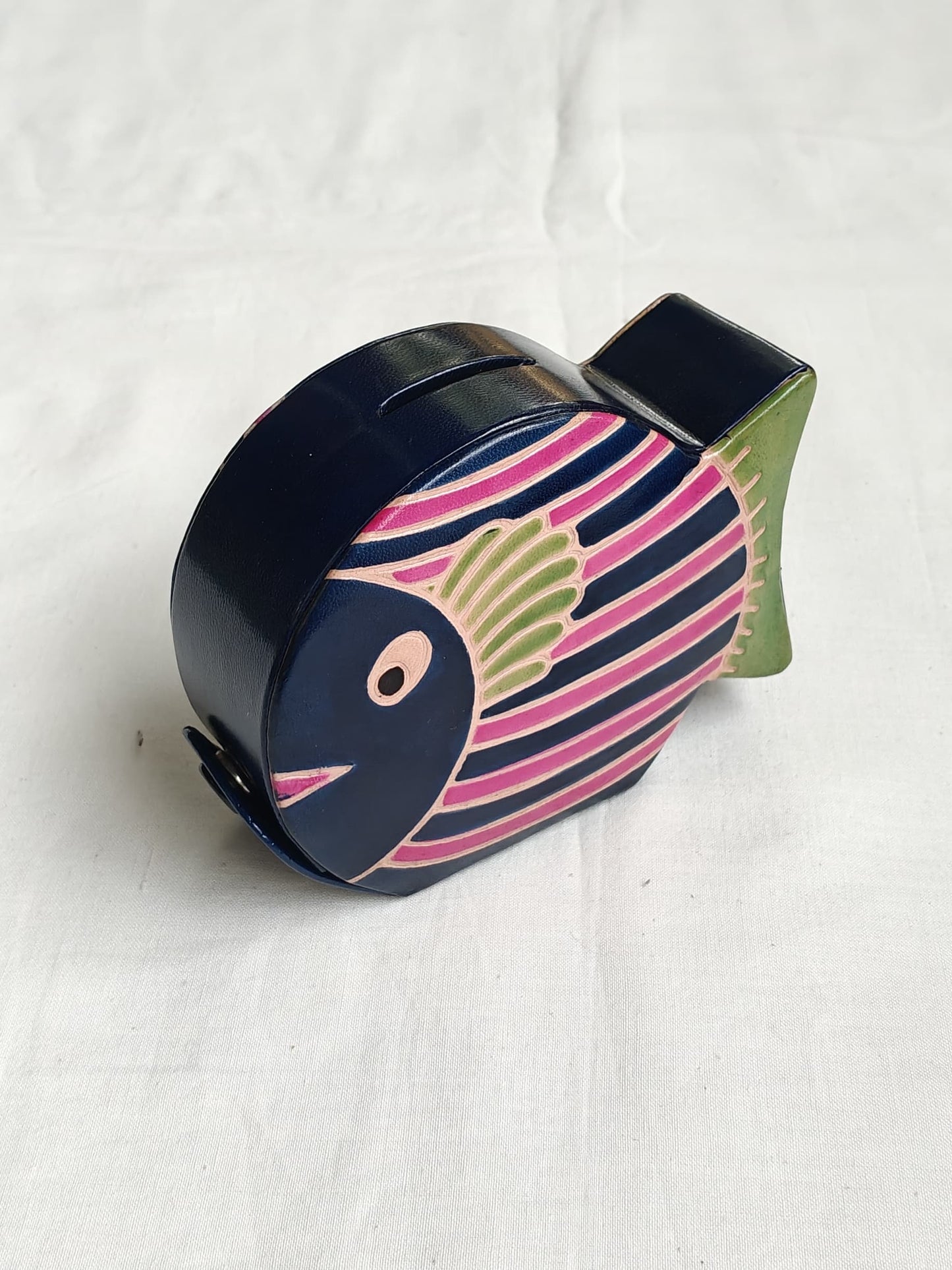 Leather handcrafted money bank - embossed and painted - multiple designs available