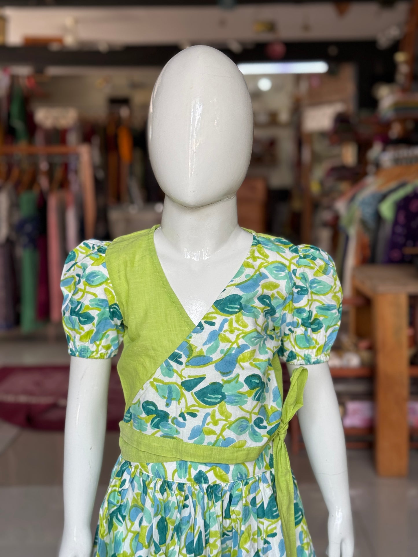 Blue green hand block printed cotton lehenga skirt and wrap top - 2 piece set for girls