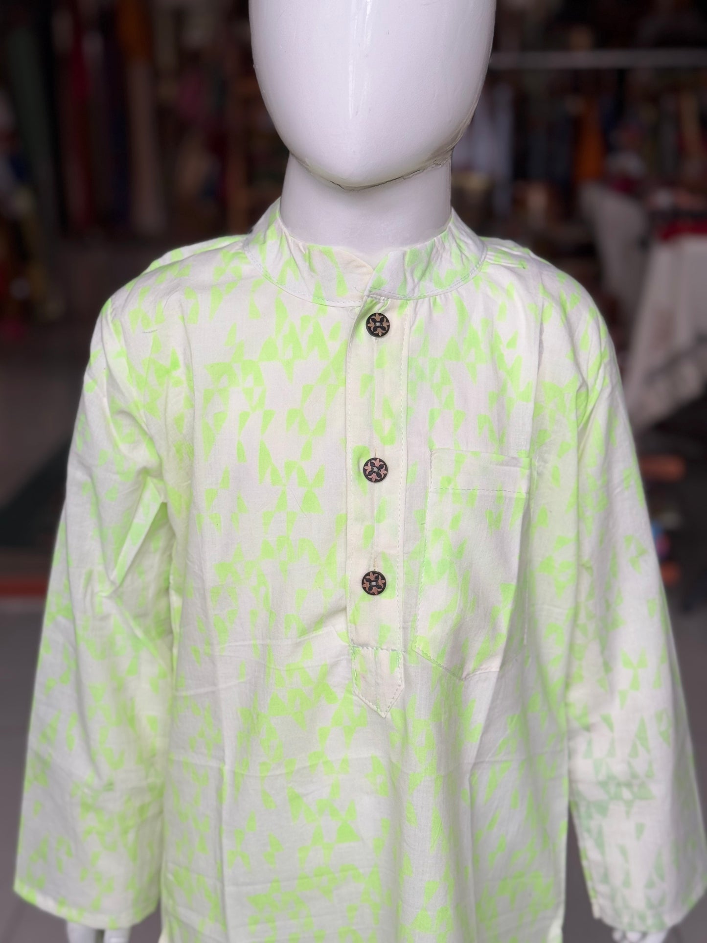 Fluorescent Green hand block printed cotton long kurta for boys