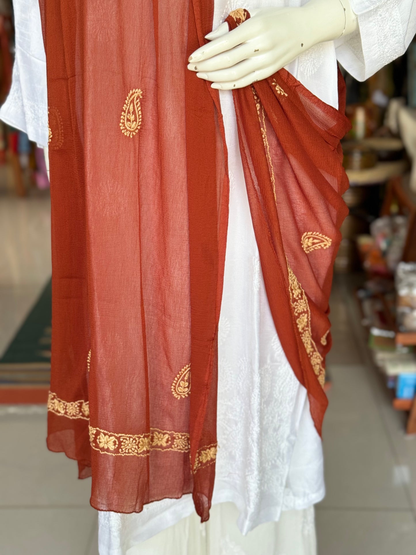 Chikankari hand embroidered semi chiffon dupatta